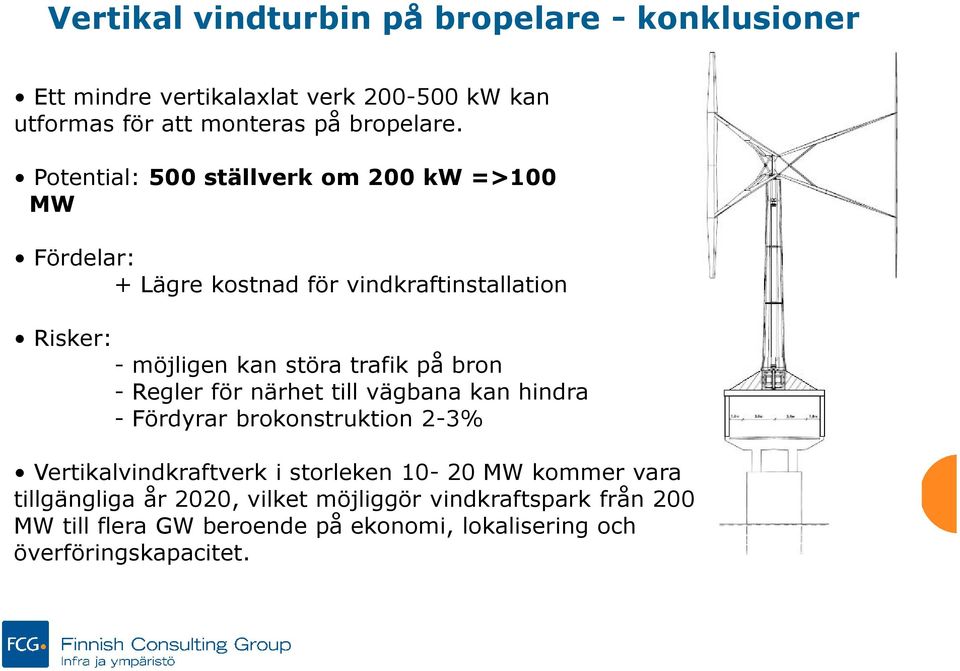 bron - Regler för närhet till vägbana kan hindra - Fördyrar brokonstruktion 2-3% Vertikalvindkraftverk i storleken 10-20 MW kommer vara