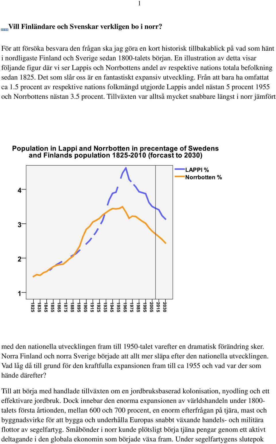 En illustration av detta visar följande figur där vi ser Lappis och Norrbottens andel av respektive nations totala befolkning sedan 1825. Det som slår oss är en fantastiskt expansiv utveckling.