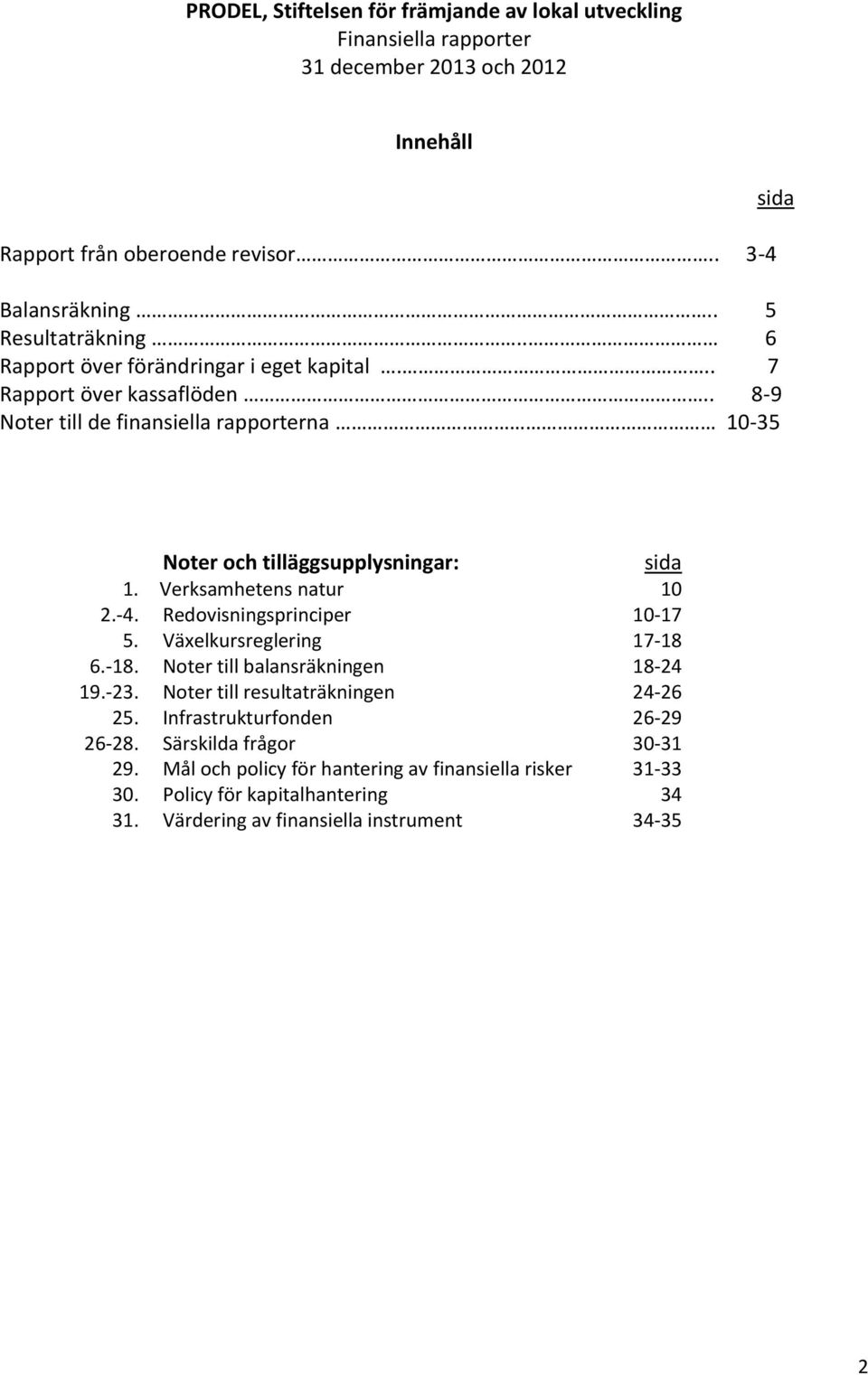 Noter och tilläggsupplysningar: Verksamhetens natur Redovisningsprinciper Växelkursreglering Noter till balansräkningen Noter till resultaträkningen Infrastrukturfonden