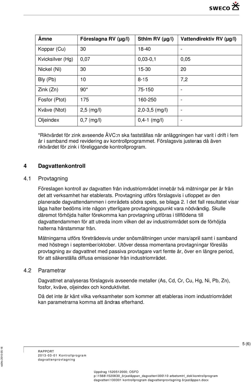 revidering av komet. Förslagsvis justeras då även riktvärdet för zink i föreliggande ko.