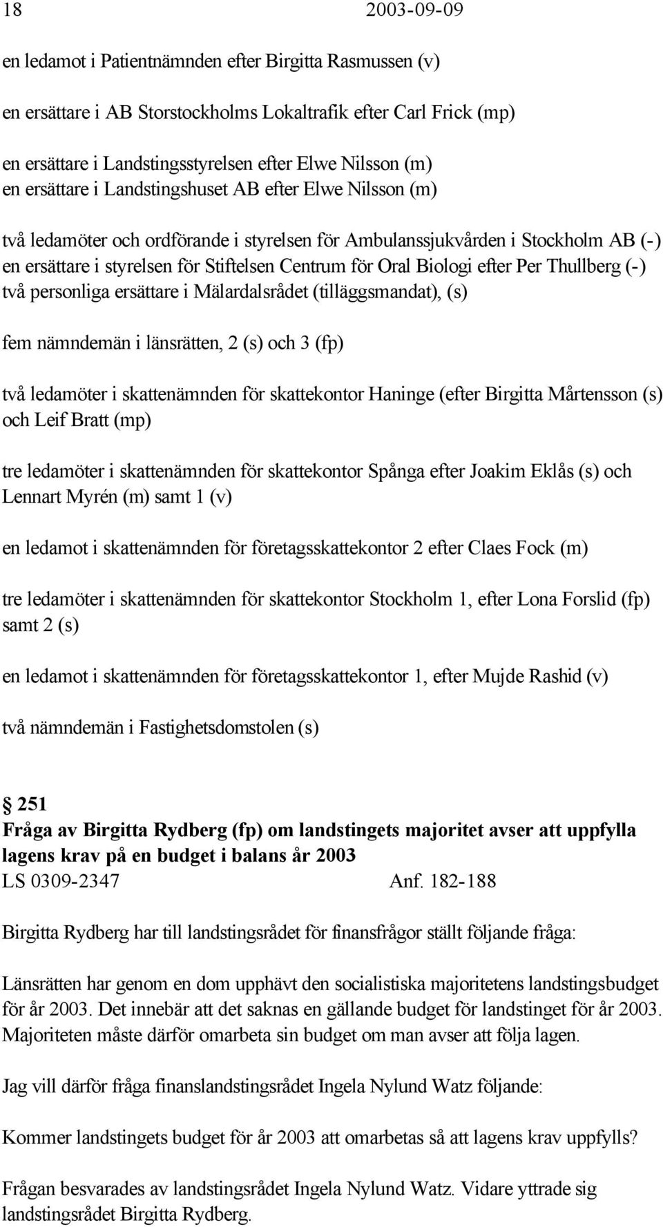 Biologi efter Per Thullberg (-) två personliga ersättare i Mälardalsrådet (tilläggsmandat), (s) fem nämndemän i länsrätten, 2 (s) och 3 (fp) två ledamöter i skattenämnden för skattekontor Haninge