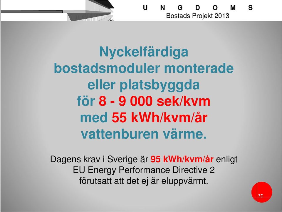 Dagens krav i Sverige är 95 kwh/kvm/år enligt EU Energy