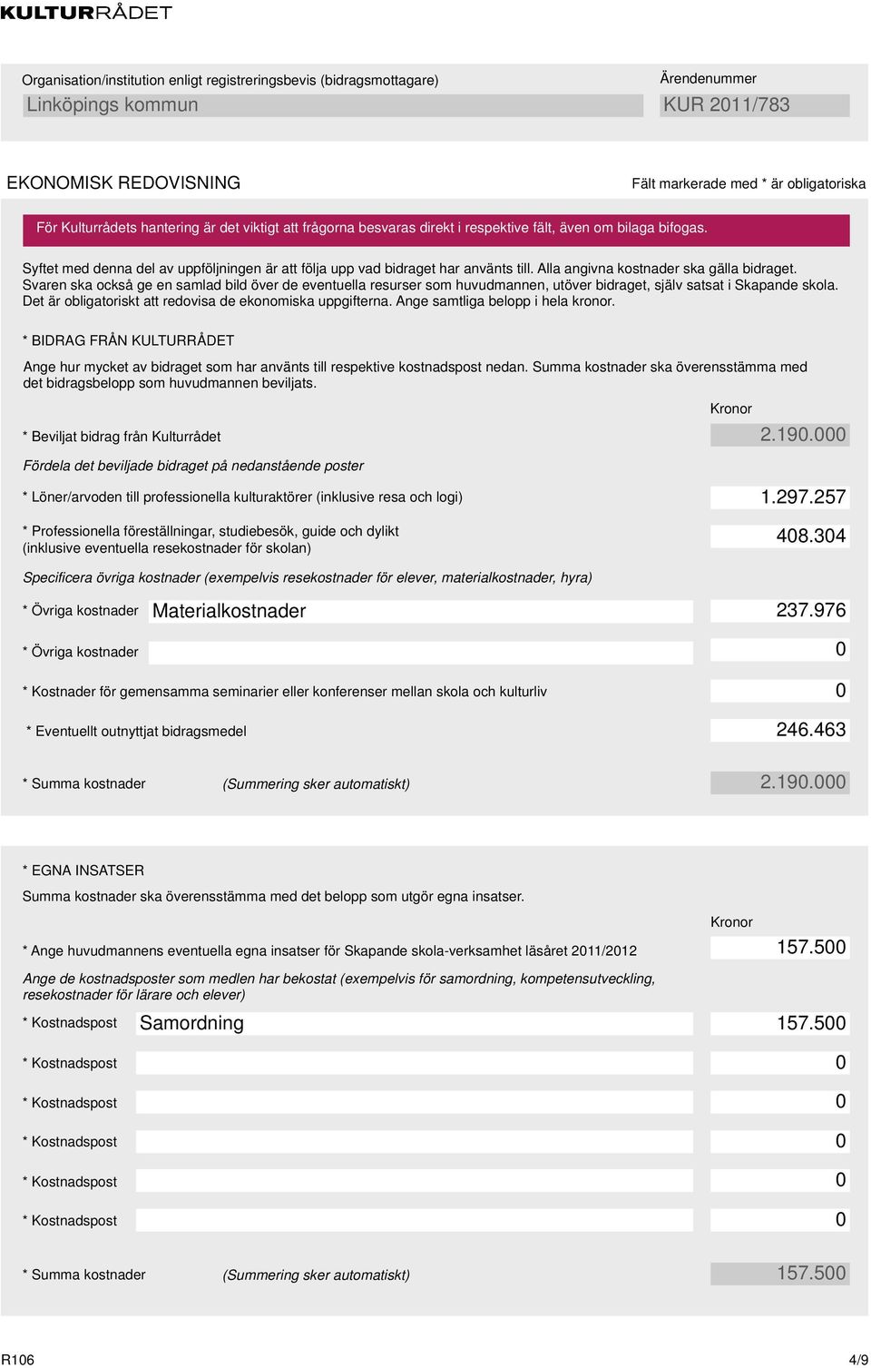 Svaren ska också ge en samlad bild över de eventuella resurser som huvudmannen, utöver bidraget, själv satsat i Skapande skola. Det är obligatoriskt att redovisa de ekonomiska uppgifterna.