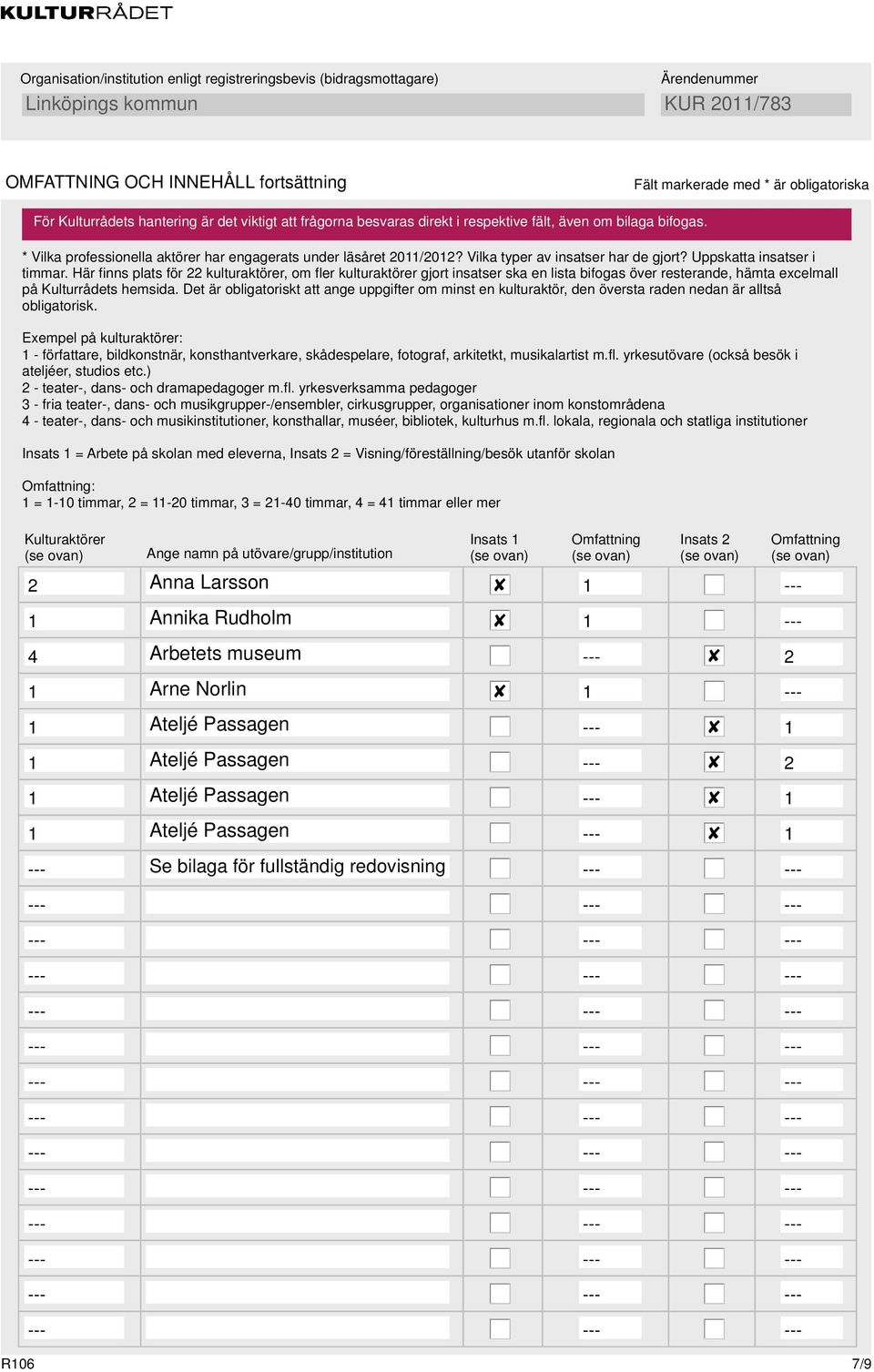 Här finns plats för 22 kulturaktörer, om fler kulturaktörer gjort insatser ska en lista bifogas över resterande, hämta excelmall på Kulturrådets hemsida.