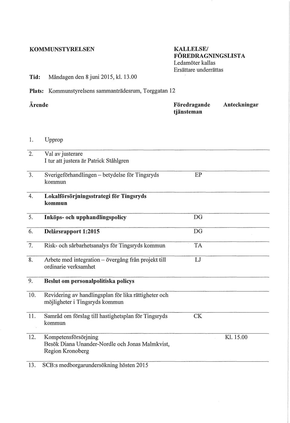 Val av justerare I tur att justera är Patrick Ståhlgren 3. Sverigeförhandlingen- betydelse för Tingsryds kommun 4. Lokalförsörjningsstrategi för Tingsryds kommun 5. Inköps- och upphandlingspolicy 6.