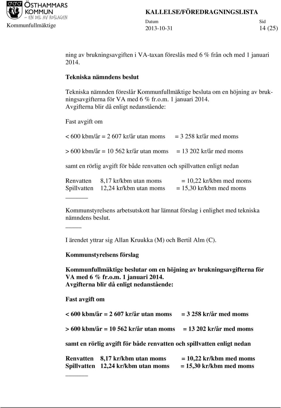 Avgifterna blir då enligt nedanstående: Fast avgift om < 600 kbm/år = 2 607 kr/år utan moms = 3 258 kr/år med moms > 600 kbm/år = 10 562 kr/år utan moms = 13 202 kr/år med moms samt en rörlig avgift