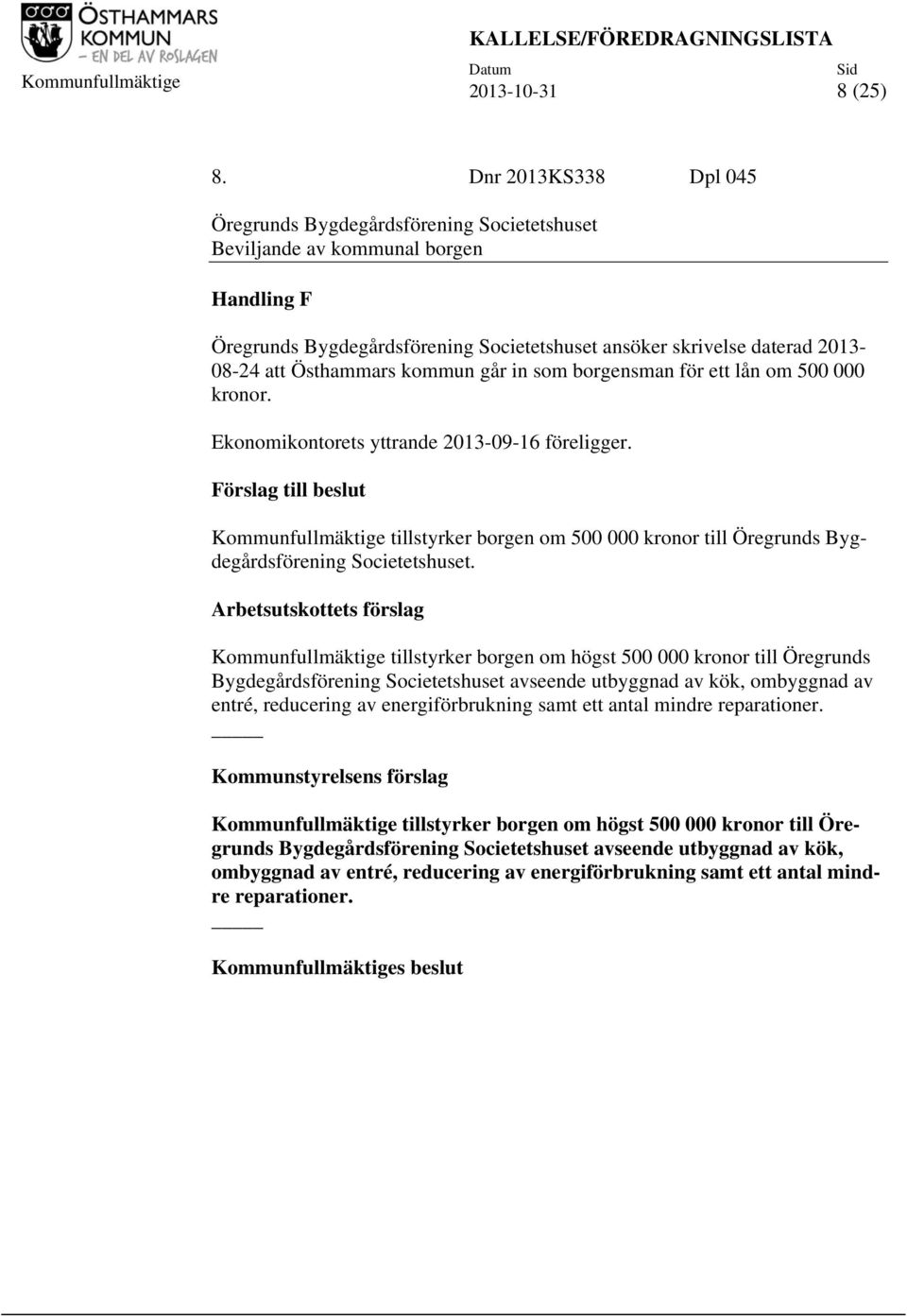 Östhammars kommun går in som borgensman för ett lån om 500 000 kronor. Ekonomikontorets yttrande 2013-09-16 föreligger.