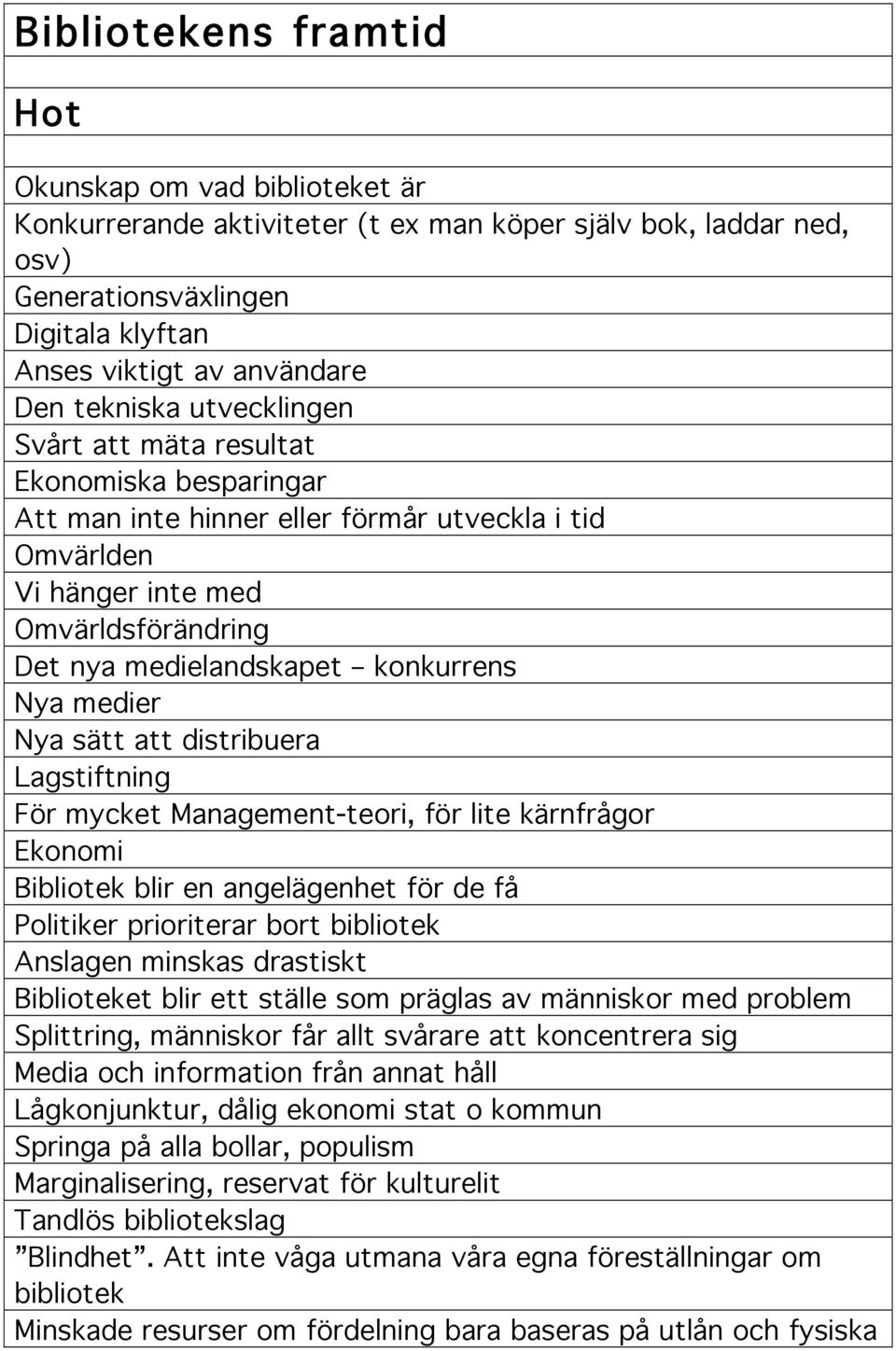 Nya medier Nya sätt att distribuera Lagstiftning För mycket Management-teori, för lite kärnfrågor Ekonomi Bibliotek blir en angelägenhet för de få Politiker prioriterar bort bibliotek Anslagen