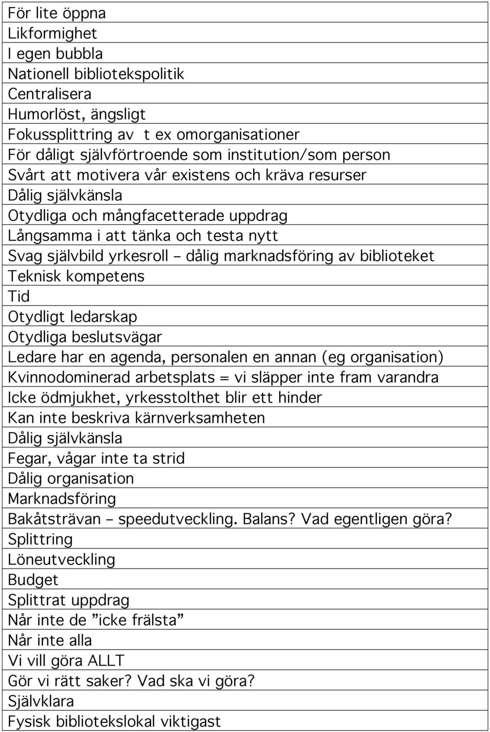 biblioteket Teknisk kompetens Tid Otydligt ledarskap Otydliga beslutsvägar Ledare har en agenda, personalen en annan (eg organisation) Kvinnodominerad arbetsplats = vi släpper inte fram varandra Icke