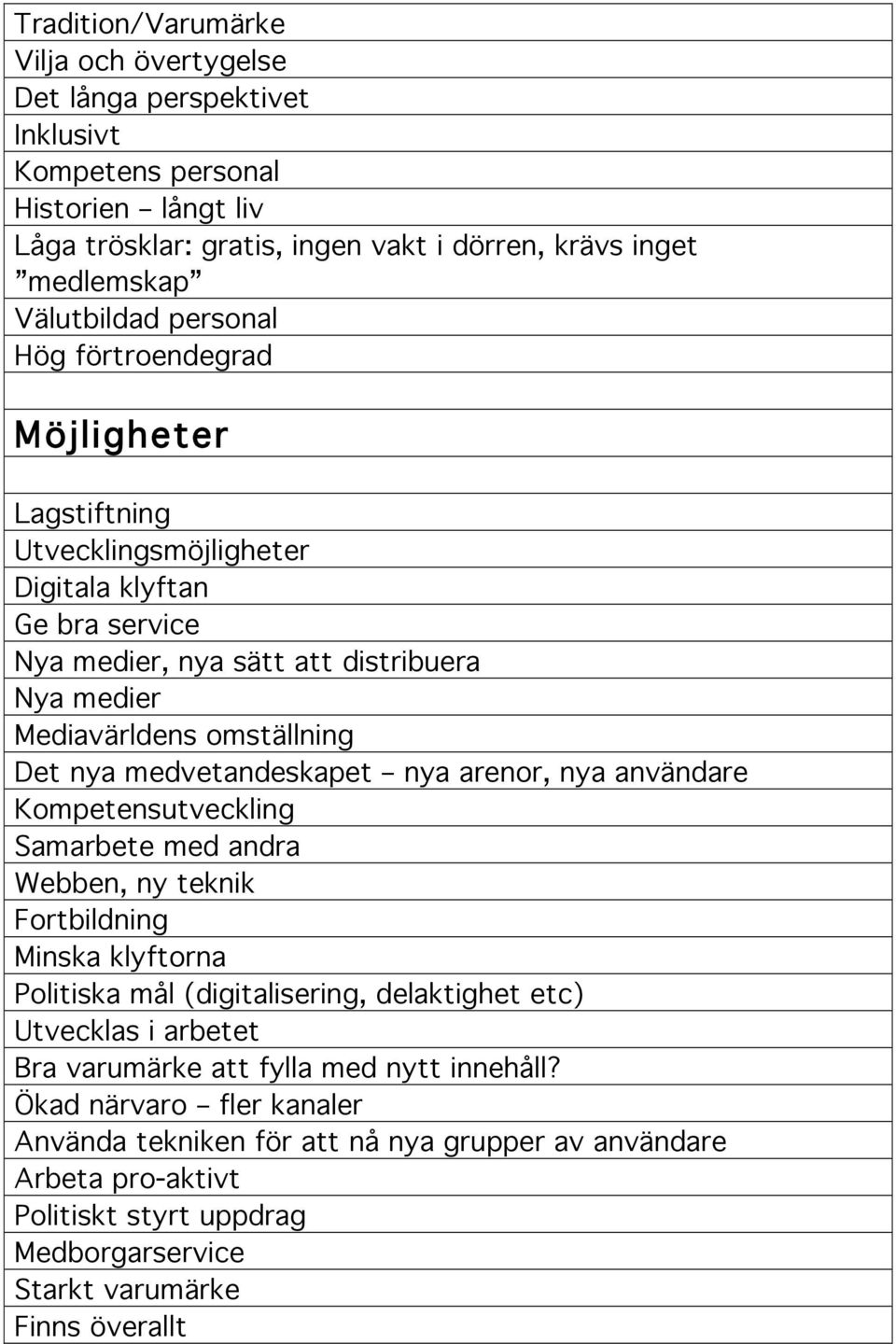 medvetandeskapet nya arenor, nya användare Kompetensutveckling Samarbete med andra Webben, ny teknik Fortbildning Minska klyftorna Politiska mål (digitalisering, delaktighet etc) Utvecklas i arbetet