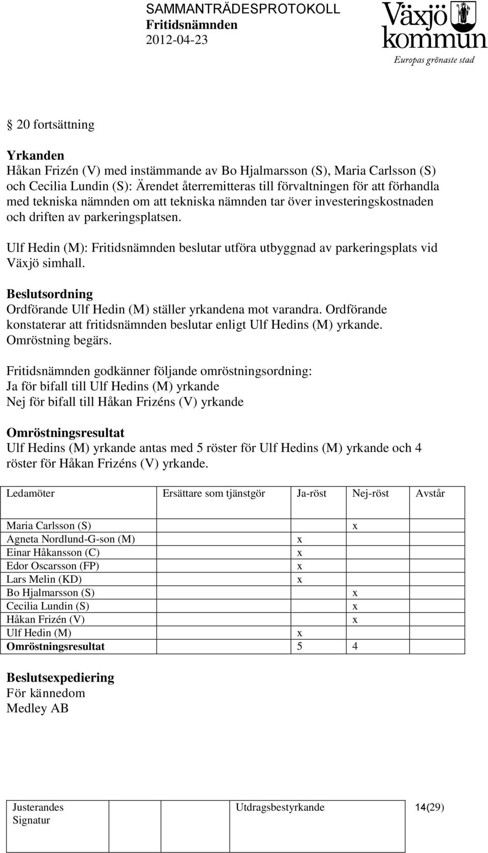 Beslutsordning Ordförande Ulf Hedin (M) ställer yrkandena mot varandra. Ordförande konstaterar att fritidsnämnden beslutar enligt Ulf Hedins (M) yrkande. Omröstning begärs.