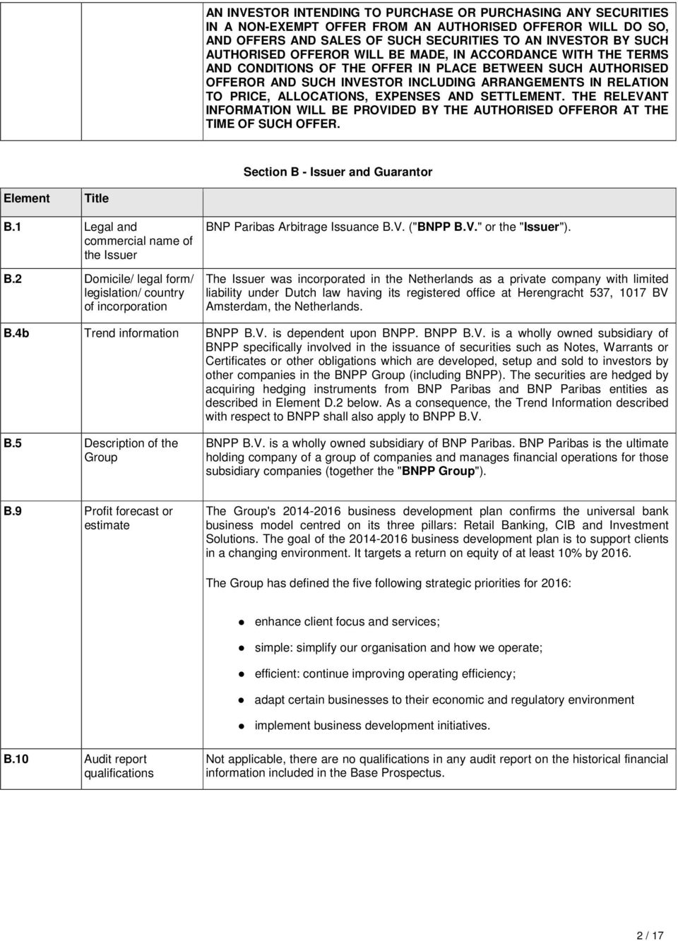 EXPENSES AND SETTLEMENT. THE RELEVANT INFORMATION WILL BE PROVIDED BY THE AUTHORISED OFFEROR AT THE TIME OF SUCH OFFER. Section B - Issuer and Guarantor Element Title B.