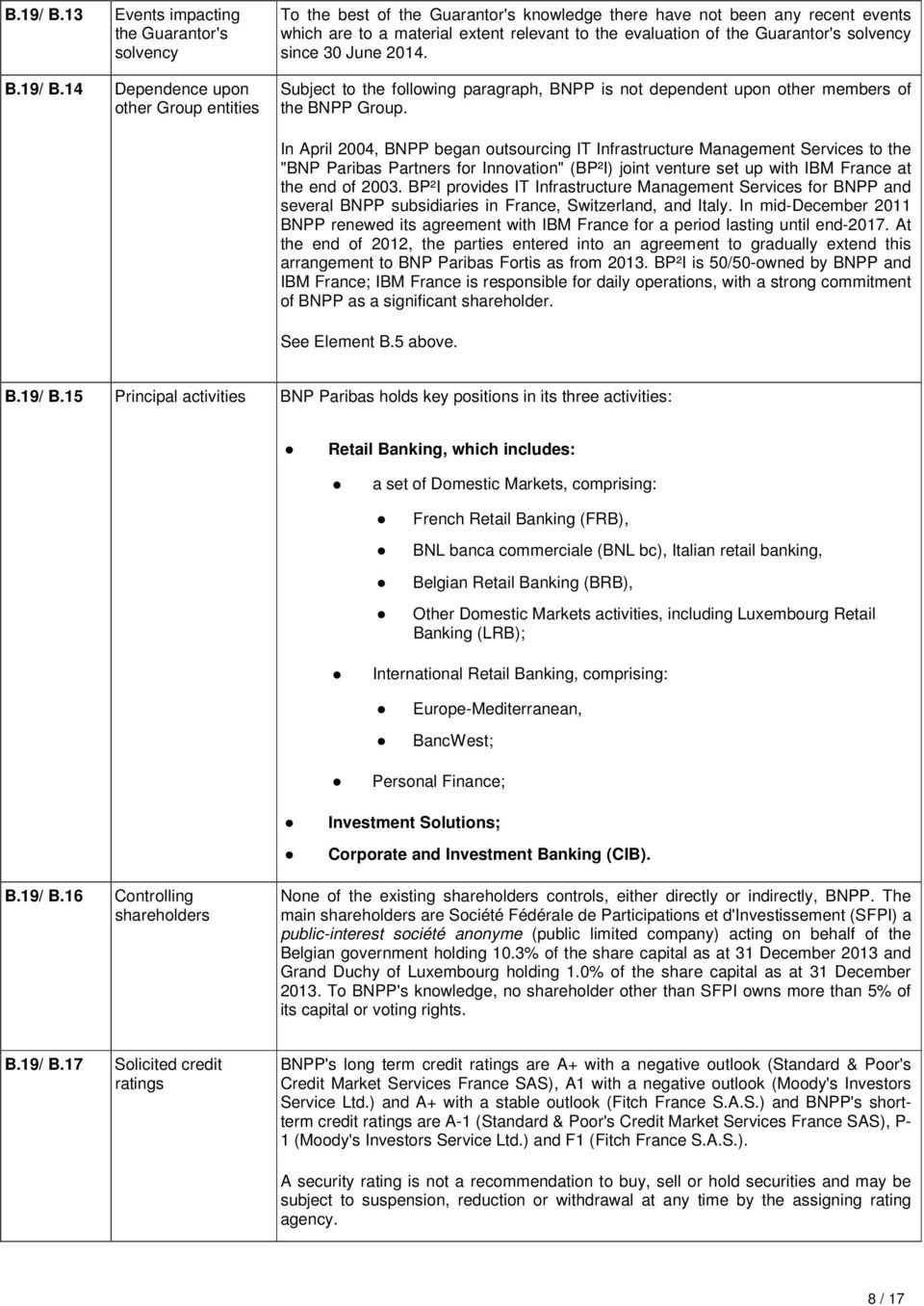 relevant to the evaluation of the Guarantor's solvency since 30 June 2014. Subject to the following paragraph, BNPP is not dependent upon other members of the BNPP Group.