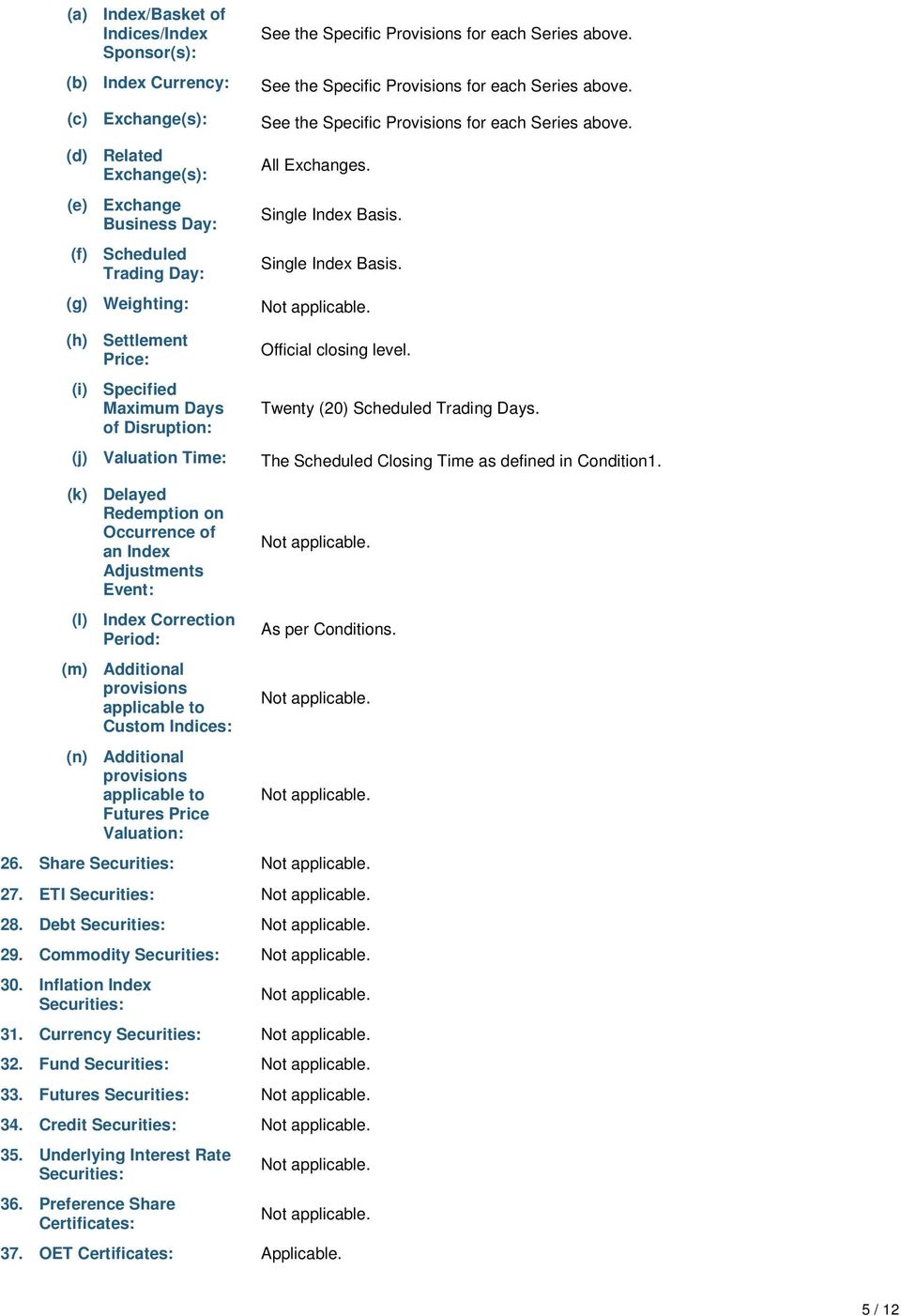 Single Index Basis. Single Index Basis. Official closing level. Twenty (20) Scheduled Trading Days. The Scheduled Closing Time as defined in Condition1.