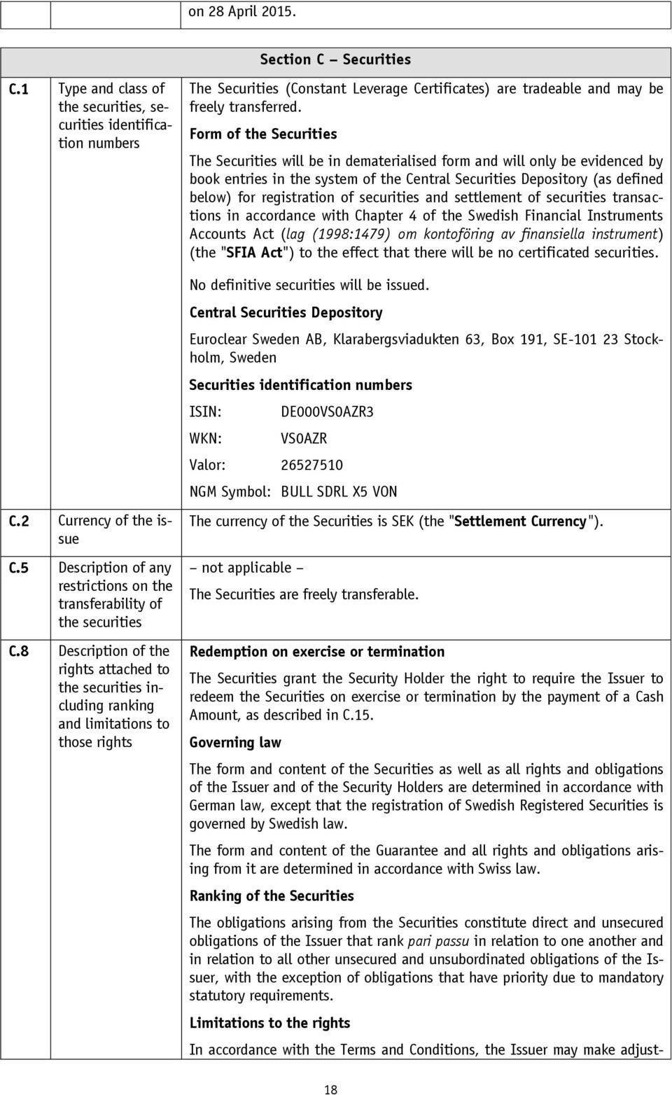 8 Description of the rights attached to the securities including ranking and limitations to those rights The Securities (Constant Leverage Certificates) are tradeable and may be freely transferred.