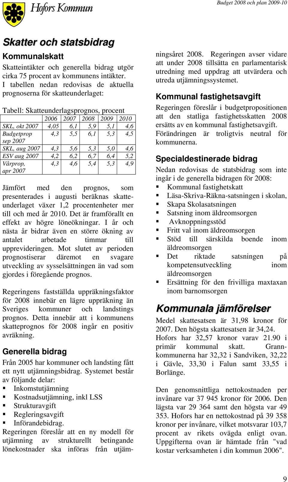 4,5 sep 2007 SKL, aug 2007 4,3 5,6 5,3 5,0 4,6 ESV aug 2007 4,2 6,2 6,7 6,4 5,2 Vårprop, apr 2007 4,3 4,6 5,4 5,3 4,9 Jämfört med den prognos, som presenterades i augusti beräknas skatteunderlaget