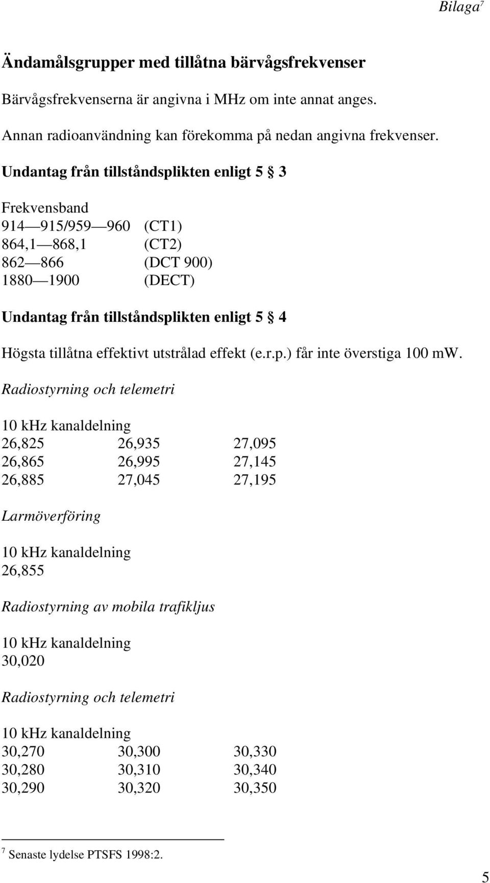 Undantag från tillståndsplikten enligt 5 3 914 915/959 960 (CT1) 864,1 868,1 (CT2) 862 866 (DCT 900) 1880 1900 (DECT) Undantag från tillståndsplikten enligt 5 4 Högsta