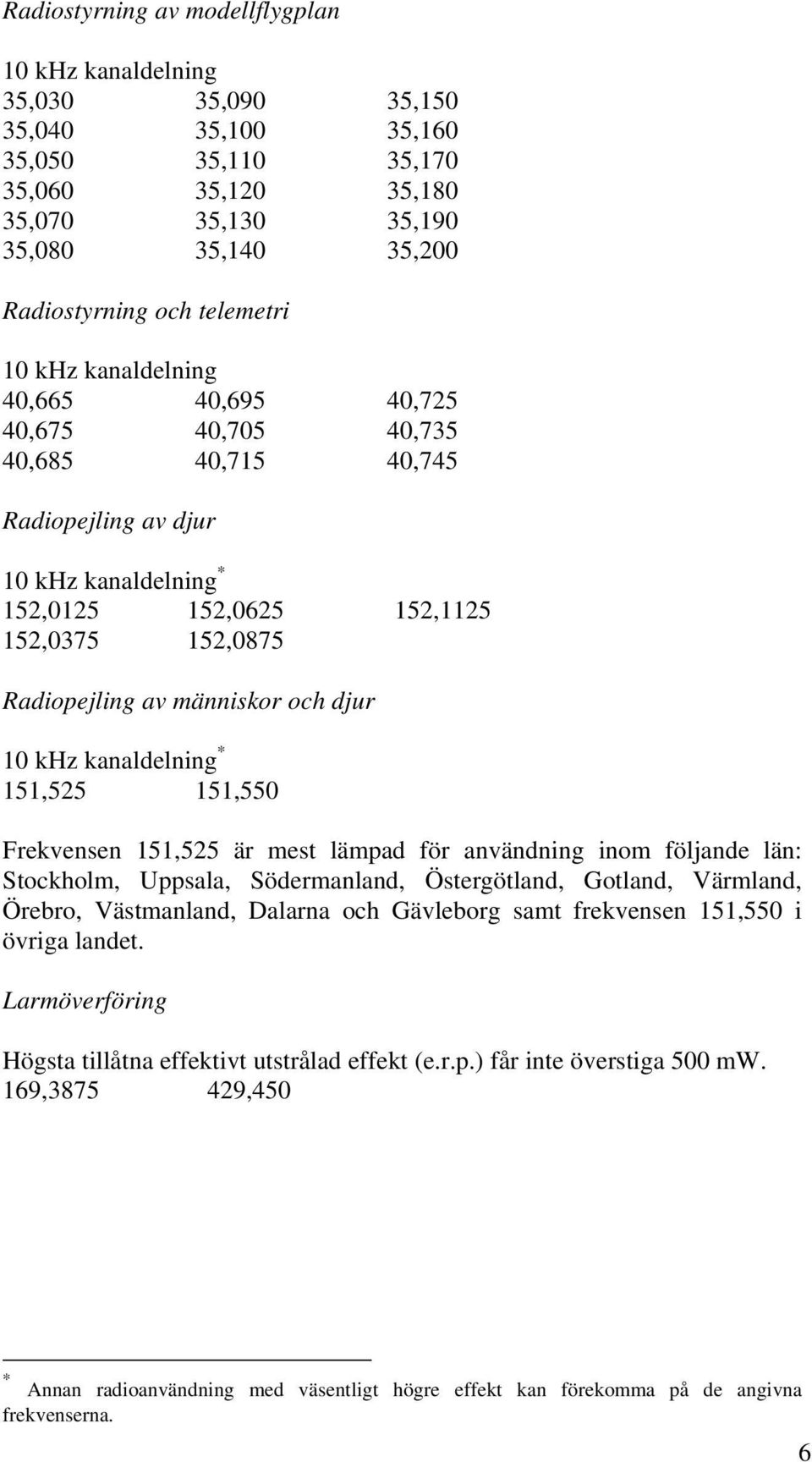 mest lämpad för användning inom följande län: Stockholm, Uppsala, Södermanland, Östergötland, Gotland, Värmland, Örebro, Västmanland, Dalarna och Gävleborg samt frekvensen 151,550 i övriga landet.
