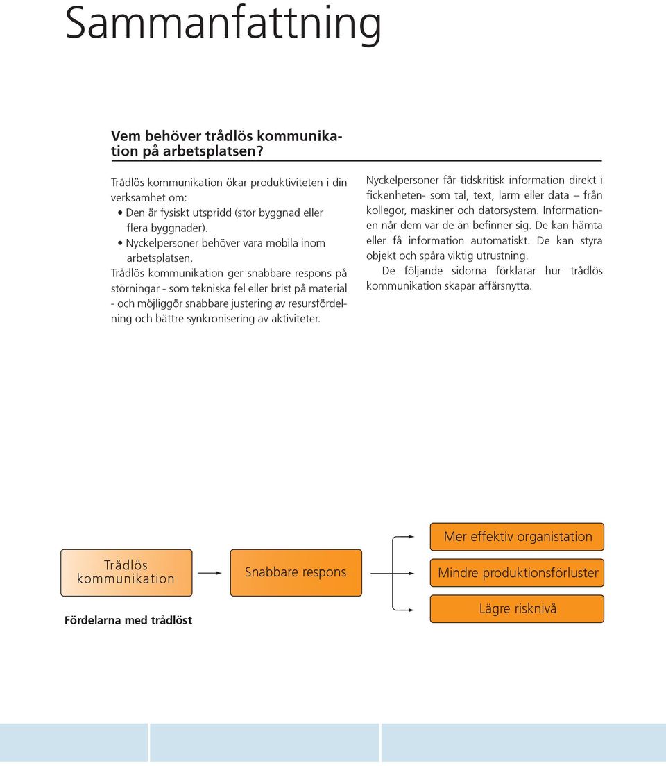 Trådlös kommunikation ger snabbare respons på störningar - som tekniska fel eller brist på material - och möjliggör snabbare justering av resursfördelning och bättre synkronisering av aktiviteter.