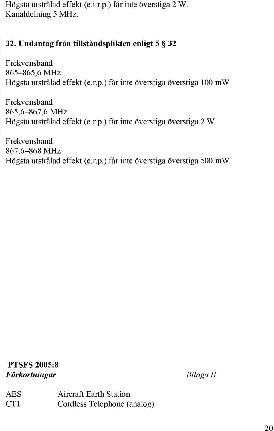 r.p.) får inte överstiga överstiga 2 W 867,6 868 MHz Högsta utstrålad effekt (e.r.p.) får inte överstiga överstiga 500