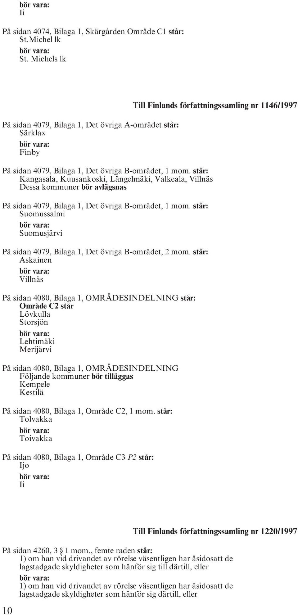 står: Kangasala, Kuusankoski, Längelmäki, Valkeala, Villnäs Dessa kommuner bör avlägsnas På sidan 4079, Bilaga 1, Det övriga B-området, 1 mom.