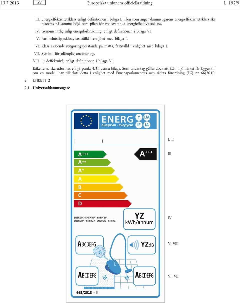 Genomsnittlig årlig energiförbrukning, enligt definitionen i bilaga VI. V. Partikelutsläppsklass, fastställd i enlighet med bilaga I. VI. Klass avseende rengöringsprestanda på matta, fastställd i enlighet med bilaga I.