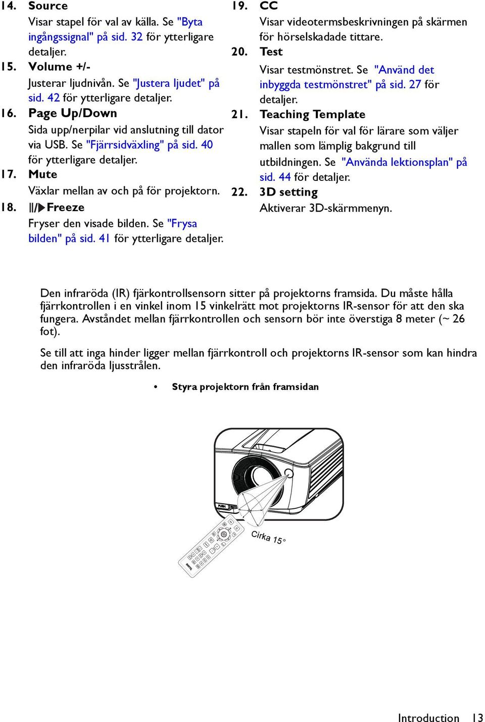 Freeze Fryser den visade bilden. Se "Frysa bilden" på sid. 41 för ytterligare detaljer. 19. CC Visar videotermsbeskrivningen på skärmen för hörselskadade tittare. 20. Test Visar testmönstret.