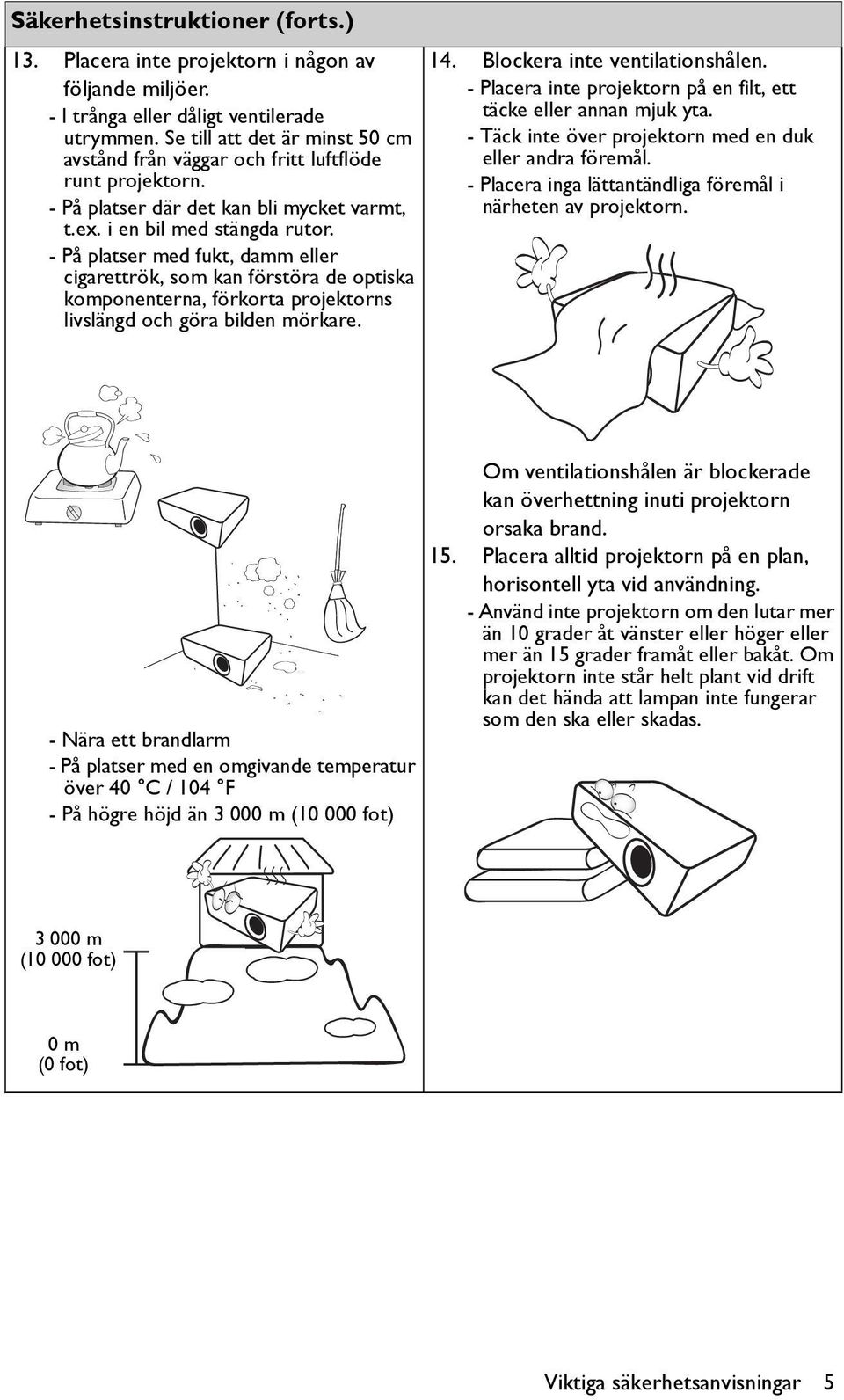 - På platser med fukt, damm eller cigarettrök, som kan förstöra de optiska komponenterna, förkorta projektorns livslängd och göra bilden mörkare. 14. Blockera inte ventilationshålen.