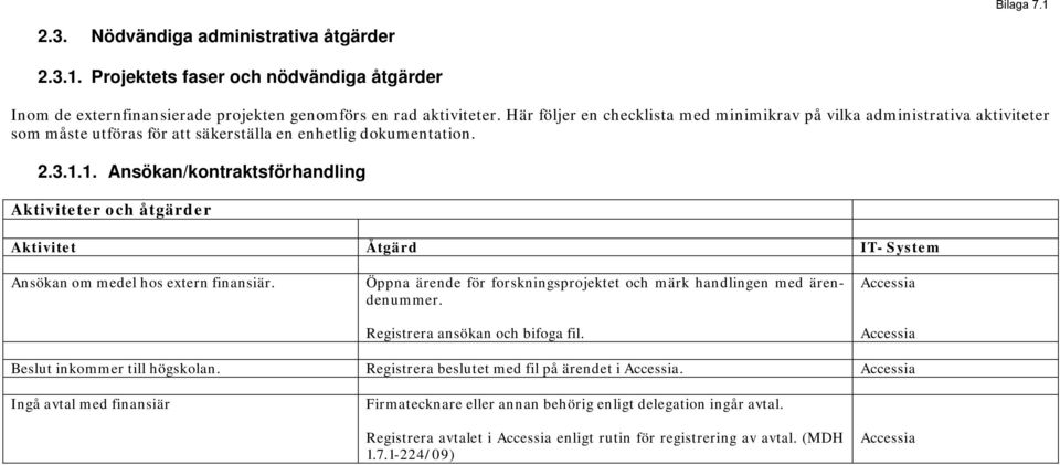 1. Ansökan/kontraktsförhandling Aktiviteter och åtgärder Aktivitet Åtgärd IT- System Ansökan om medel hos extern finansiär. Öppna ärende för forskningsprojektet och märk handlingen med ärendenummer.