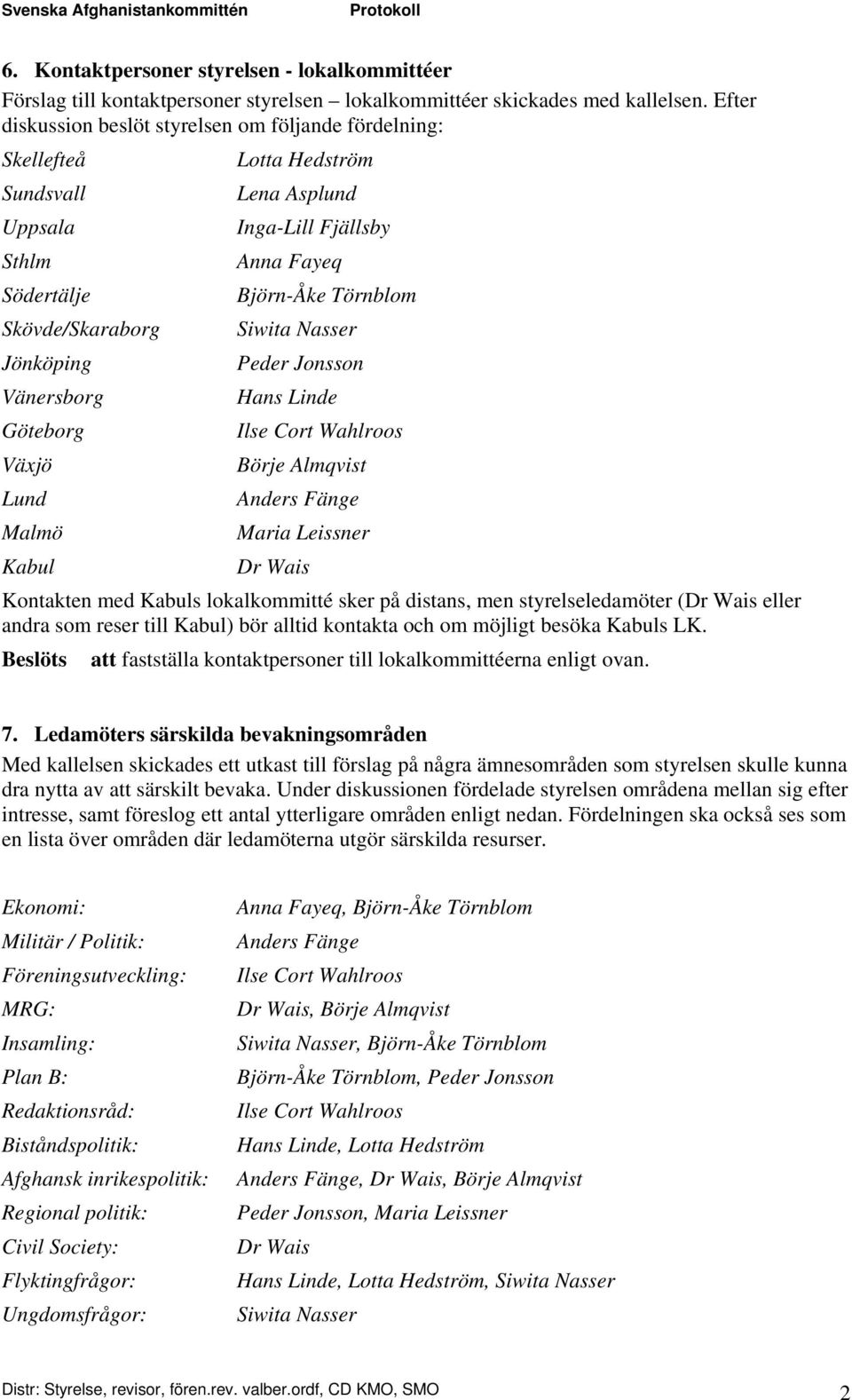 Nasser Jönköping Peder Jonsson Vänersborg Hans Linde Göteborg Växjö Börje Almqvist Lund Malmö Maria Leissner Kabul Dr Wais Kontakten med Kabuls lokalkommitté sker på distans, men styrelseledamöter