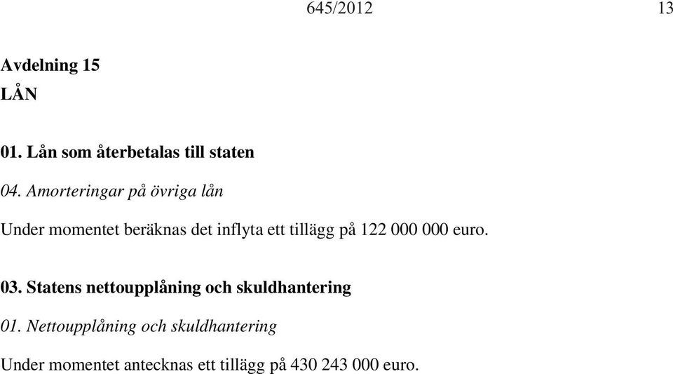 på 122 000 000 euro. 03. Statens nettoupplåning och skuldhantering 01.