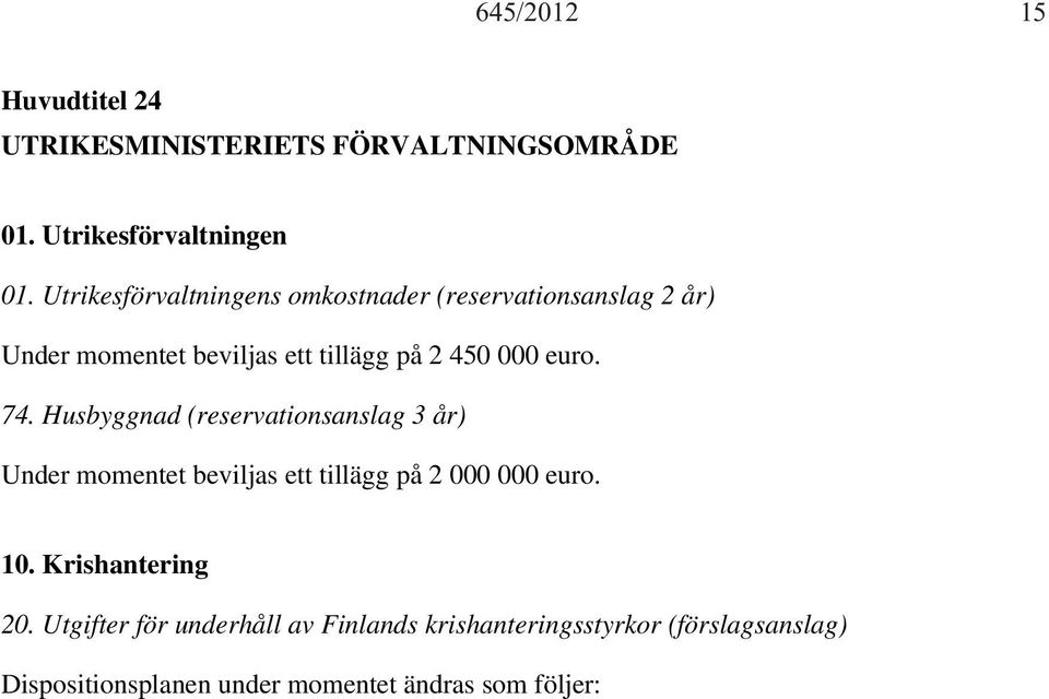 74. Husbyggnad (reservationsanslag 3 år) Under momentet beviljas ett tillägg på 2 000 000 euro. 10.