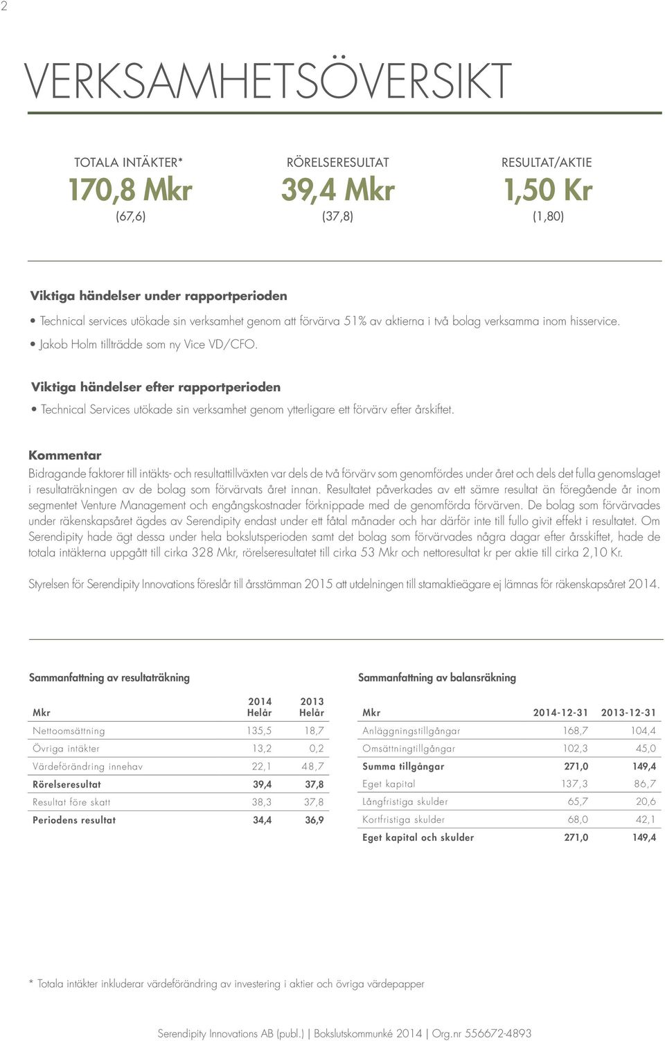 Viktiga händelser efter rapportperioden Technical Services utökade sin verksamhet genom ytterligare ett förvärv efter årskiftet.