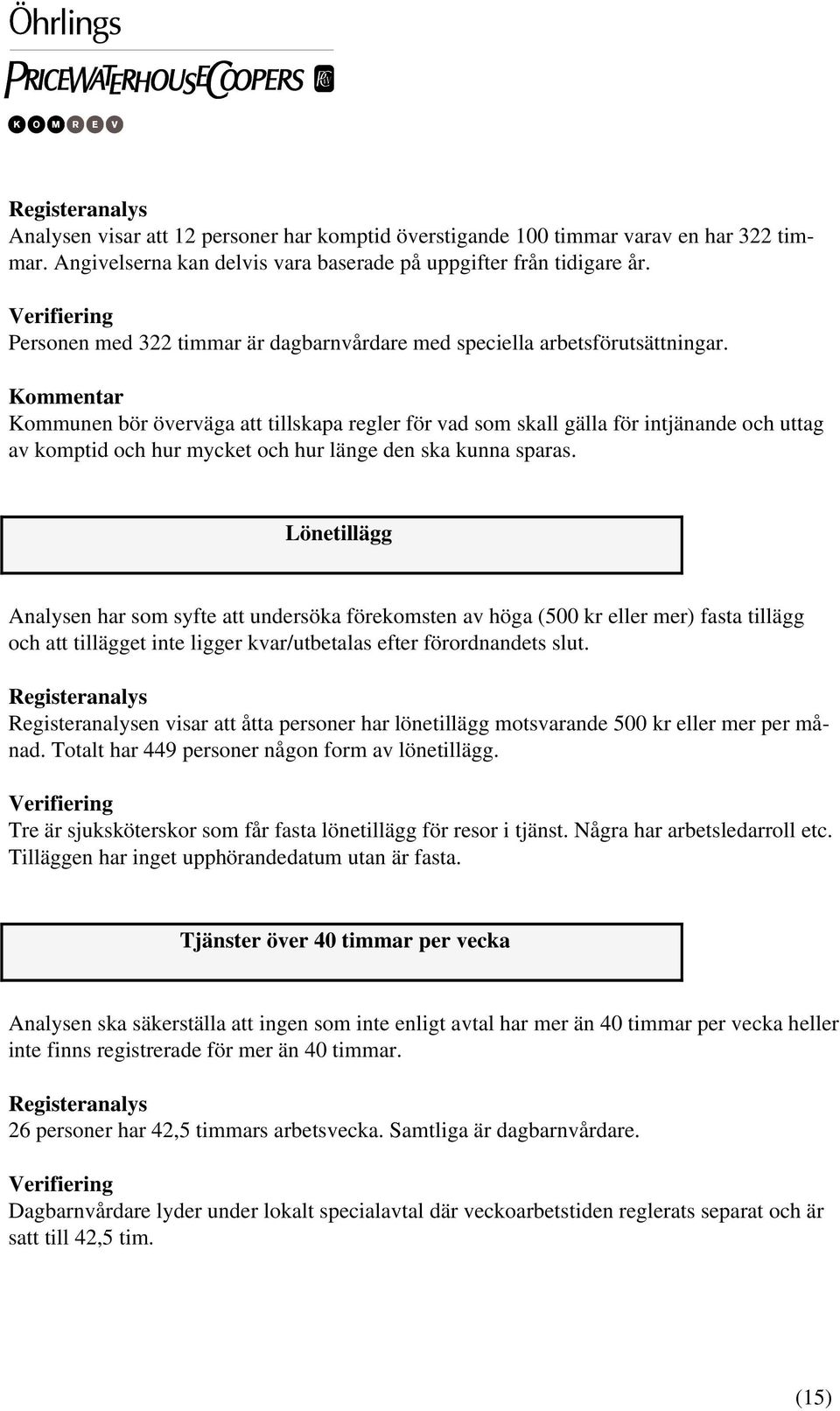 Kommunen bör överväga att tillskapa regler för vad som skall gälla för intjänande och uttag av komptid och hur mycket och hur länge den ska kunna sparas.