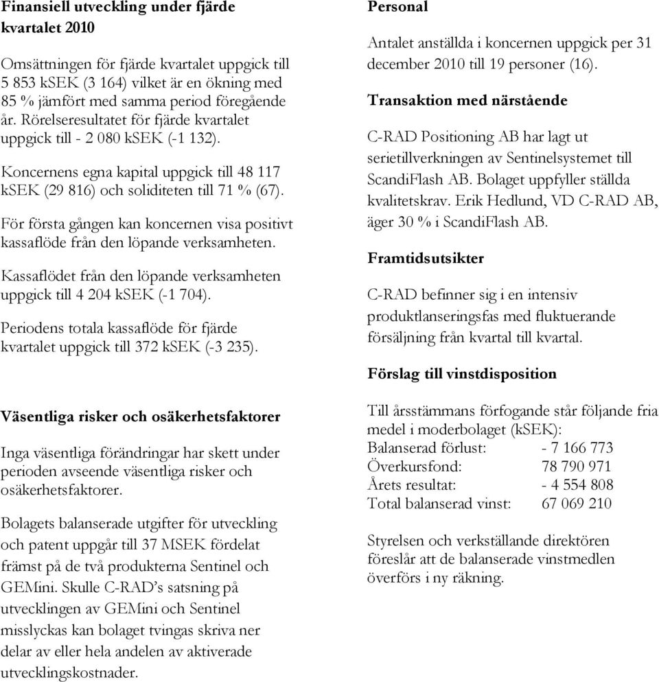 För första gången kan koncernen visa positivt kassaflöde från den löpande verksamheten. Kassaflödet från den löpande verksamheten uppgick till 4 204 ksek (-1 704).