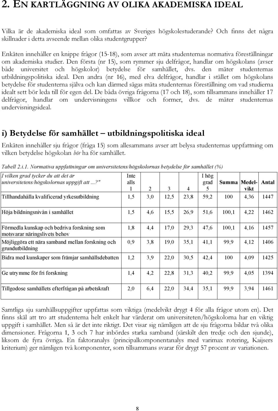 Den första (nr 15), som rymmer sju delfrågor, handlar om högskolans (avser både universitet och högskolor) betydelse för samhället, dvs. den mäter studenternas utbildningspolitiska ideal.