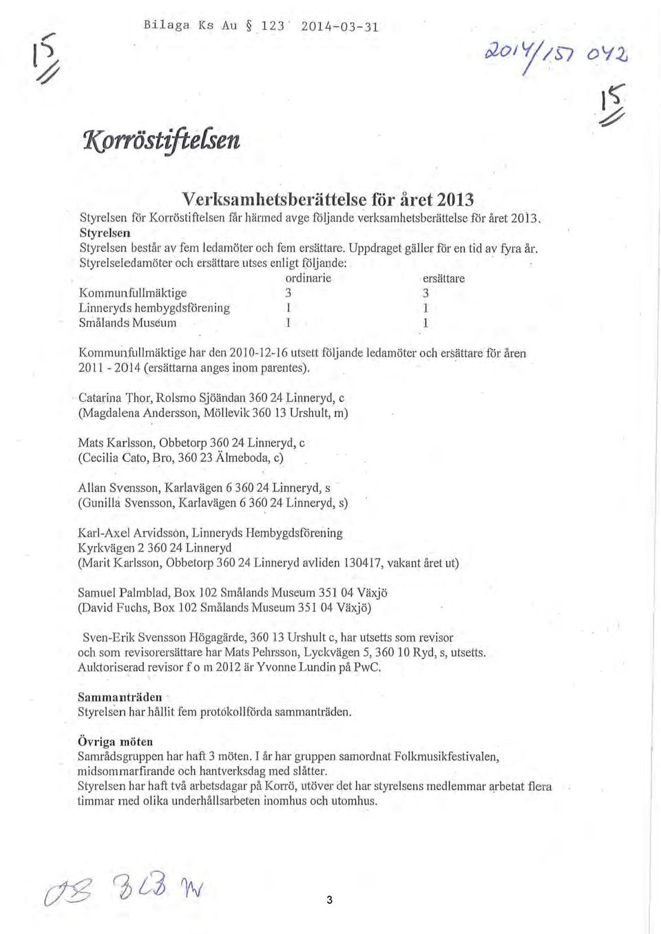 Styrelseledamötei och ersättare utses enligt fåljande: ordinarie ersättare Kommunfullmäktige 3 3 Linneryds hembygdsfårening l l Smålands Museum l l Kommunft.Jl!