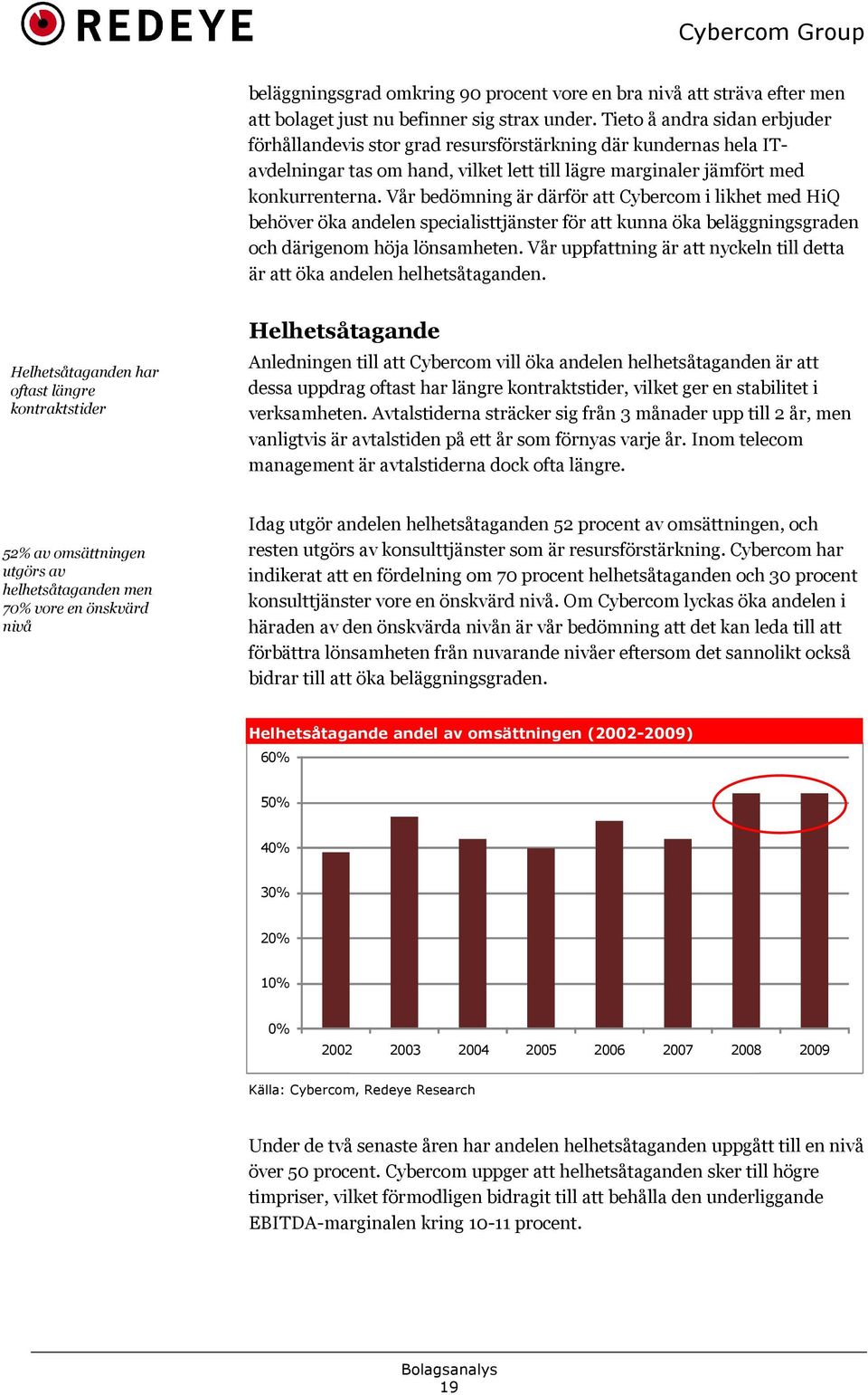 Vår bedömning är därför att Cybercom i likhet med HiQ behöver öka andelen specialisttjänster för att kunna öka beläggningsgraden och därigenom höja lönsamheten.