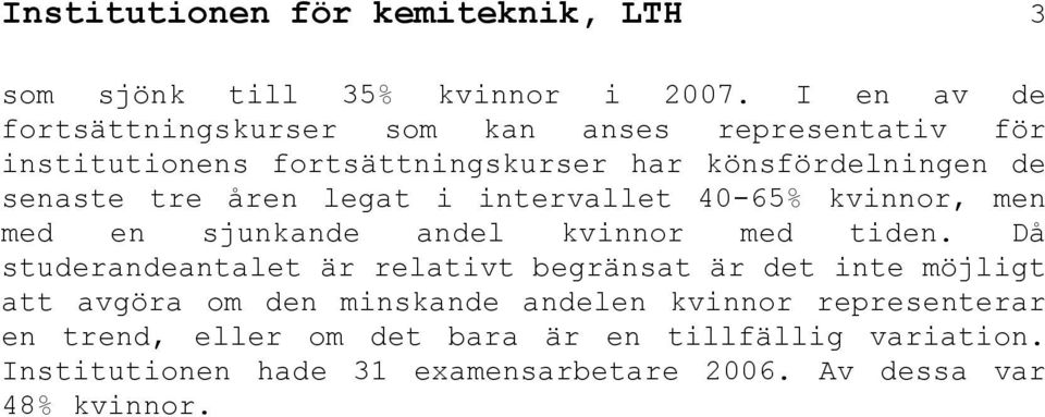 åren legat i intervallet 40-65% kvinnor, men med en sjunkande andel kvinnor med tiden.