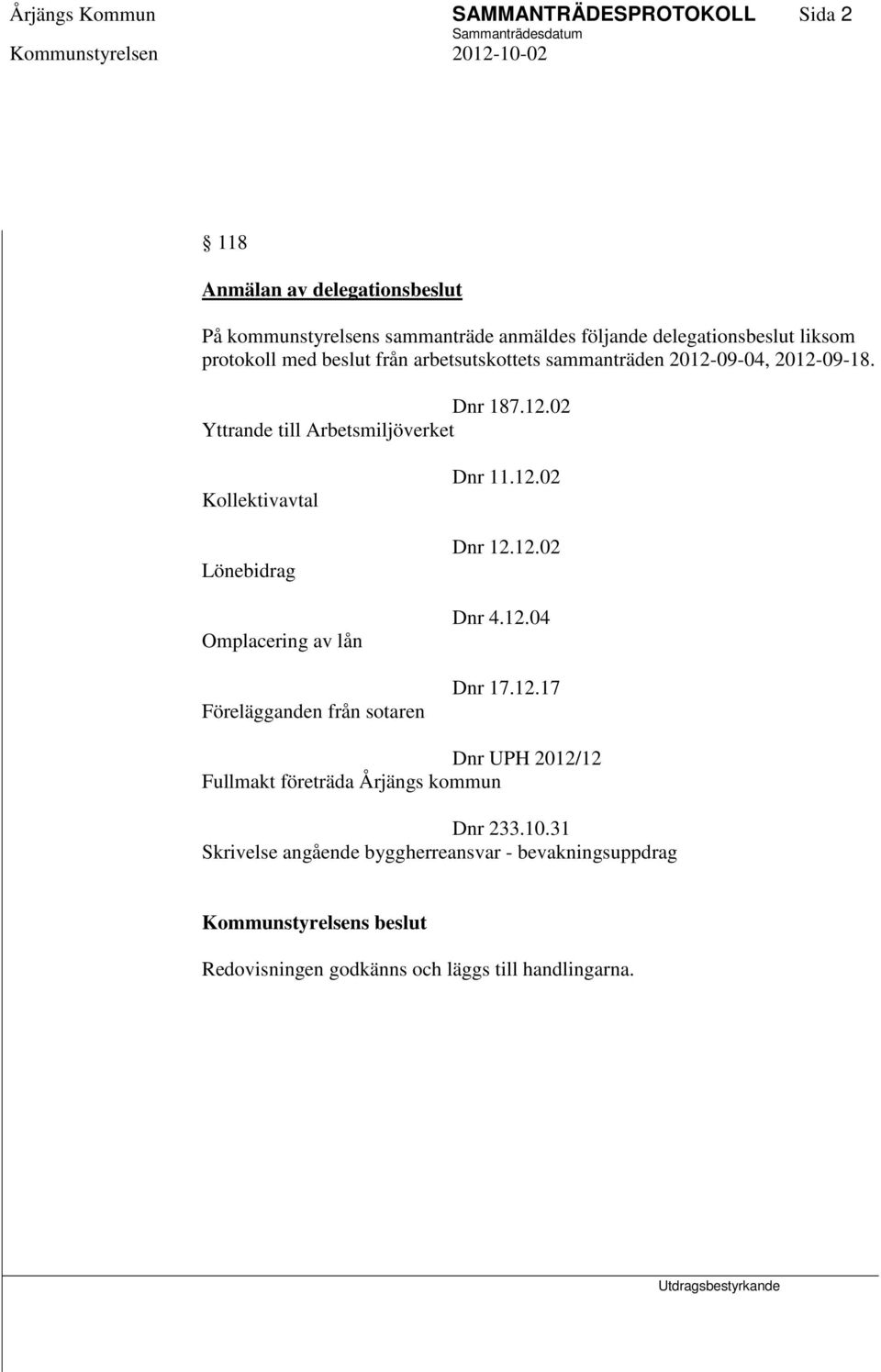 09-04, 2012-09-18. Dnr 187.12.02 Yttrande till Arbetsmiljöverket Kollektivavtal Lönebidrag Omplacering av lån Förelägganden från sotaren Dnr 11.12.02 Dnr 12.