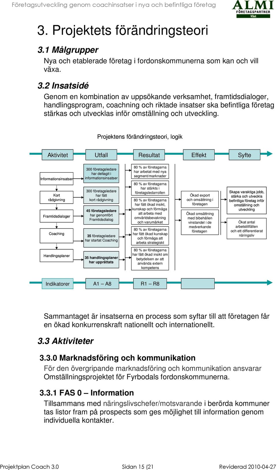 2 Insatsidé Genom en kombination av uppsökande verksamhet, framtidsdialoger, handlingsprogram, coachning och riktade insatser ska befintliga företag stärkas och utvecklas inför omställning och