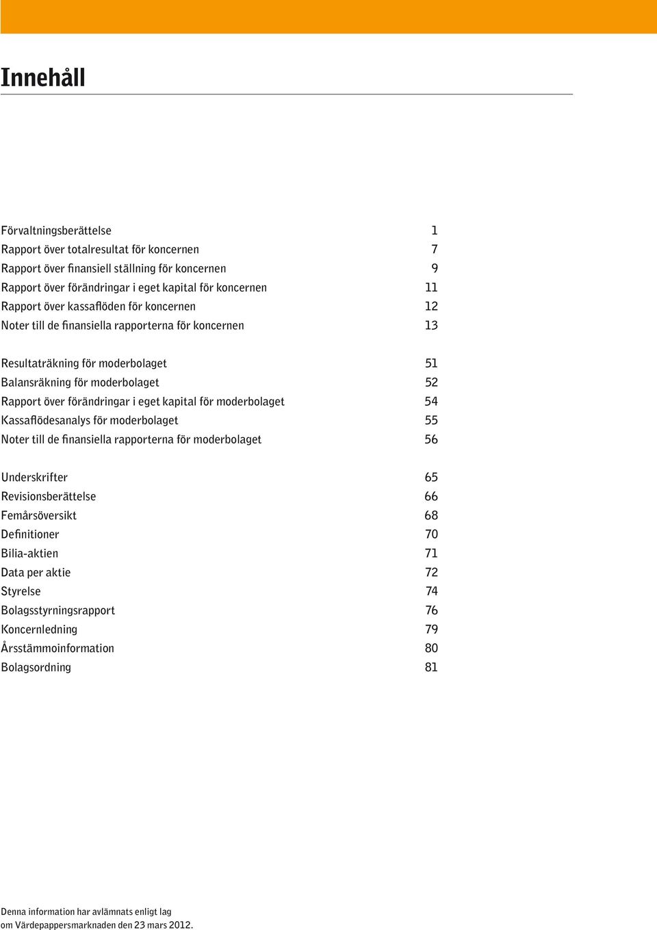 moderbolaget 54 Kassaflödesanalys för moderbolaget 55 Noter till de finansiella rapporterna för moderbolaget 56 Underskrifter 65 Revisionsberättelse 66 Femårsöversikt 68 Definitioner 70 Bilia-aktien