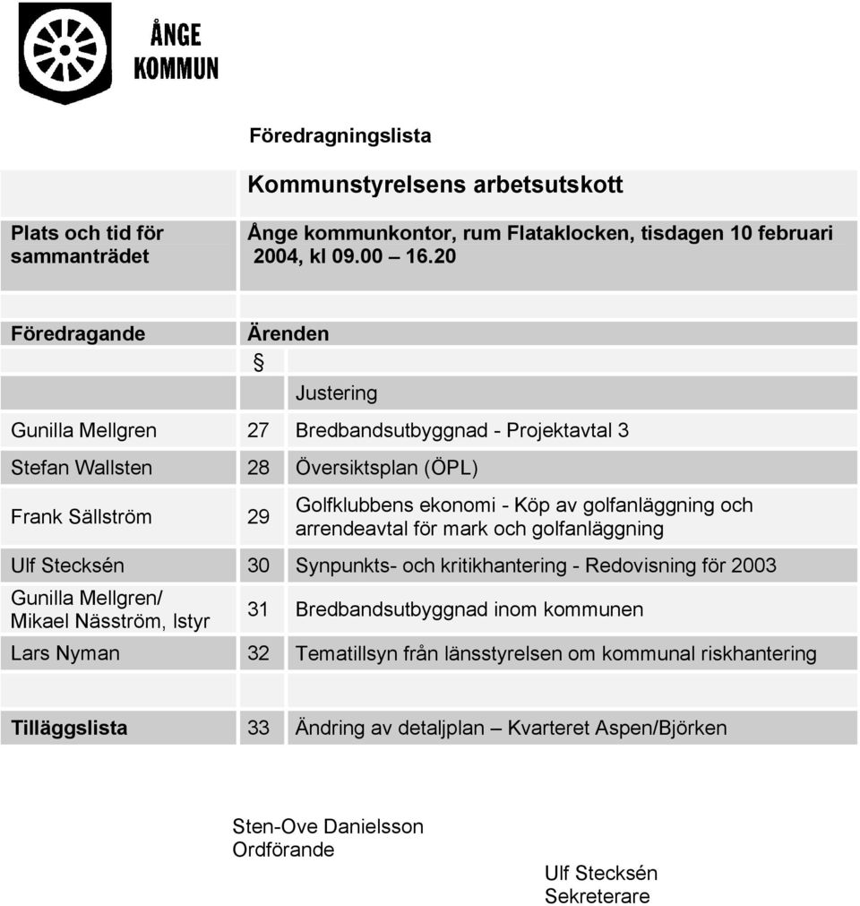 golfanläggning och arrendeavtal för mark och golfanläggning Ulf Stecksén 30 Synpunkts- och kritikhantering - Redovisning för 2003 Gunilla Mellgren/ Mikael Näsström, lstyr 31