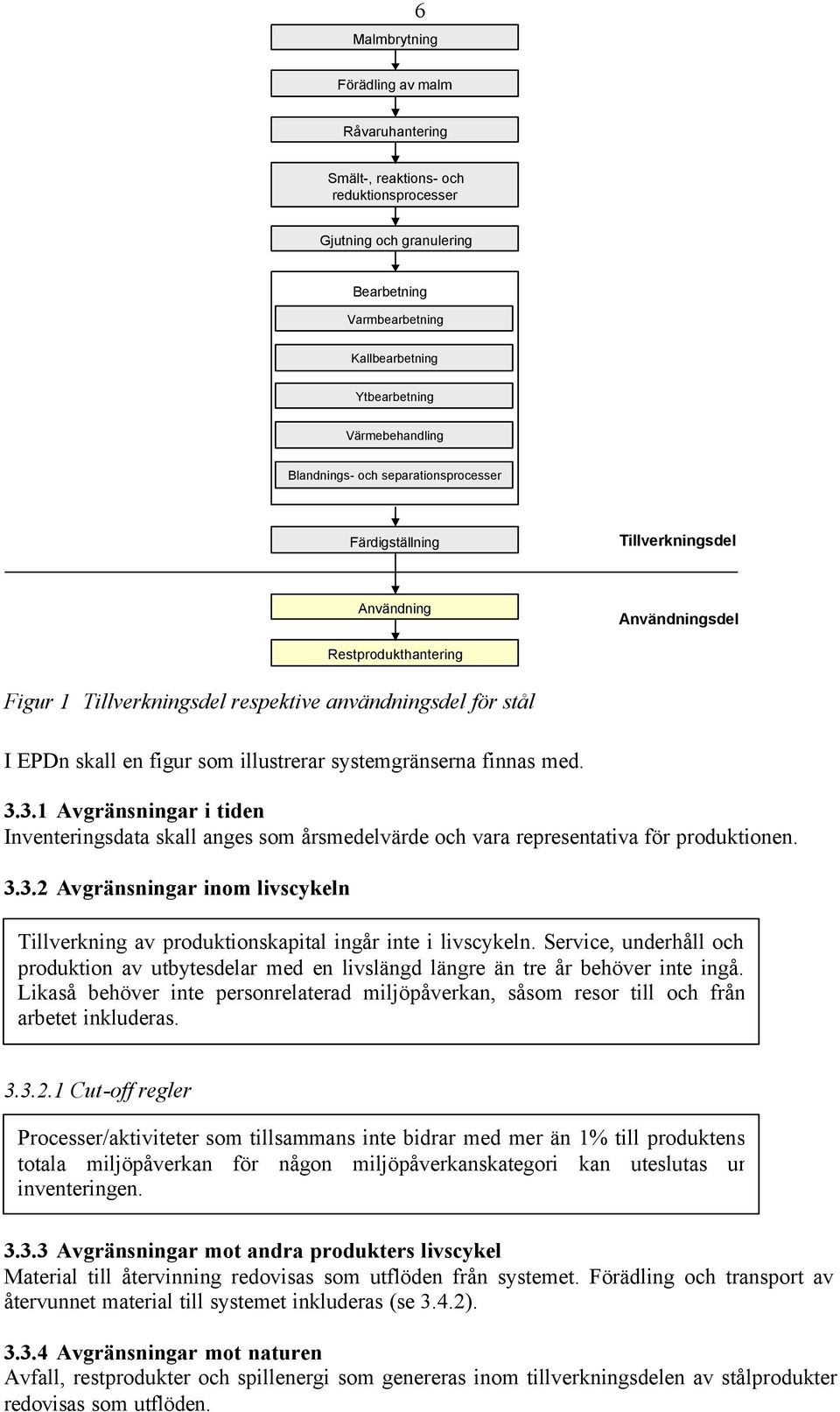 som illustrerar systemgränserna finnas med. 3.3.1 Avgränsningar i tiden Inventeringsdata skall anges som årsmedelvärde och vara representativa för produktionen. 3.3.2 Avgränsningar inom livscykeln Tillverkning av produktionskapital ingår inte i livscykeln.