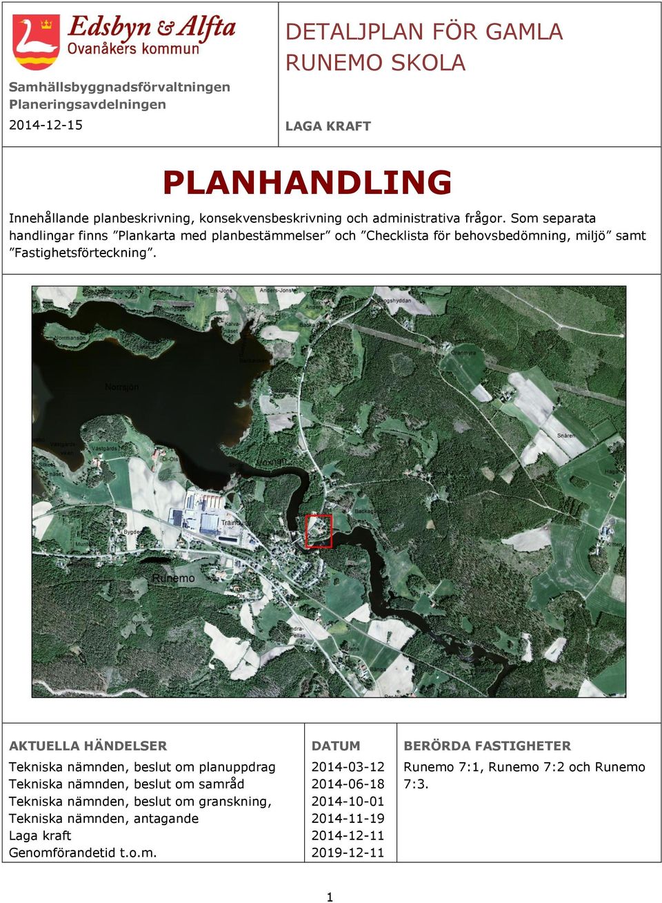 Som separata handlingar finns Plankarta med planbestämmelser och Checklista för behovsbedömning, miljö samt Fastighetsförteckning.