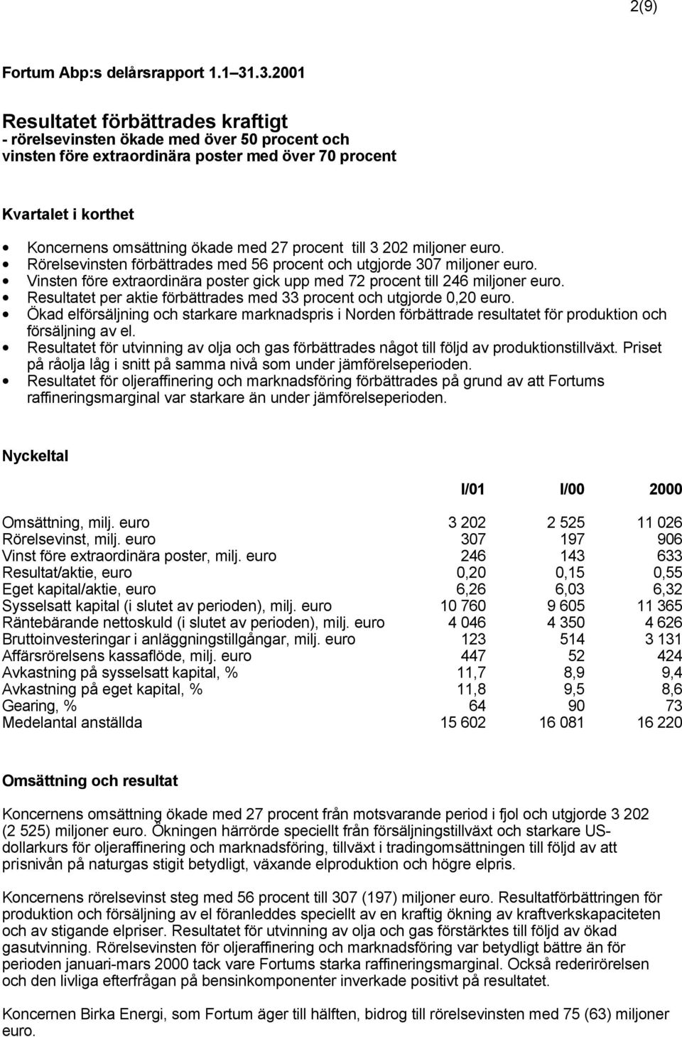 procent till 3 202 miljoner euro. Rörelsevinsten förbättrades med 56 procent och utgjorde 307 miljoner euro. Vinsten före extraordinära poster gick upp med 72 procent till 246 miljoner euro.