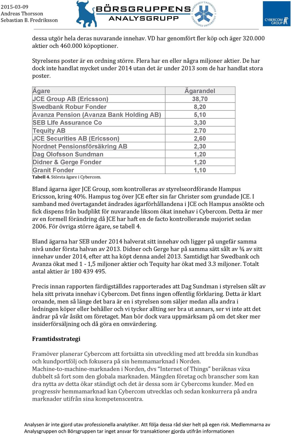 Ägare Ägarandel JCE Group AB (Ericsson) 38,70 Swedbank Robur Fonder 8,20 Avanza Pension (Avanza Bank Holding AB) 5,10 SEB LIfe Assurance Co 3,30 Tequity AB 2.