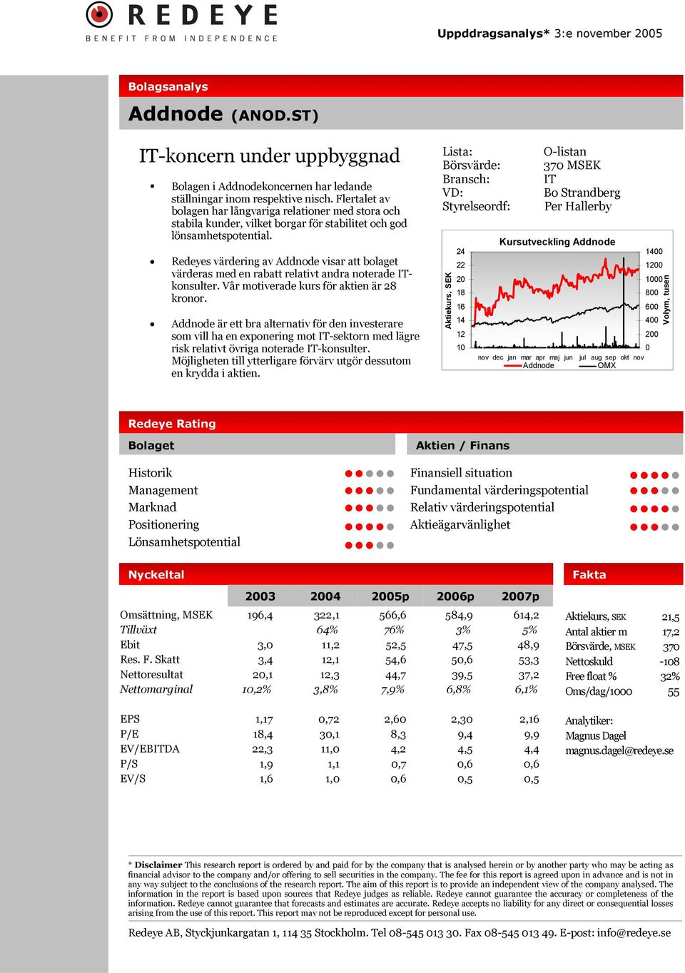 Redeyes värdering av Addnode visar att bolaget värderas med en rabatt relativt andra noterade ITkonsulter. Vår motiverade kurs för aktien är 28 kronor.