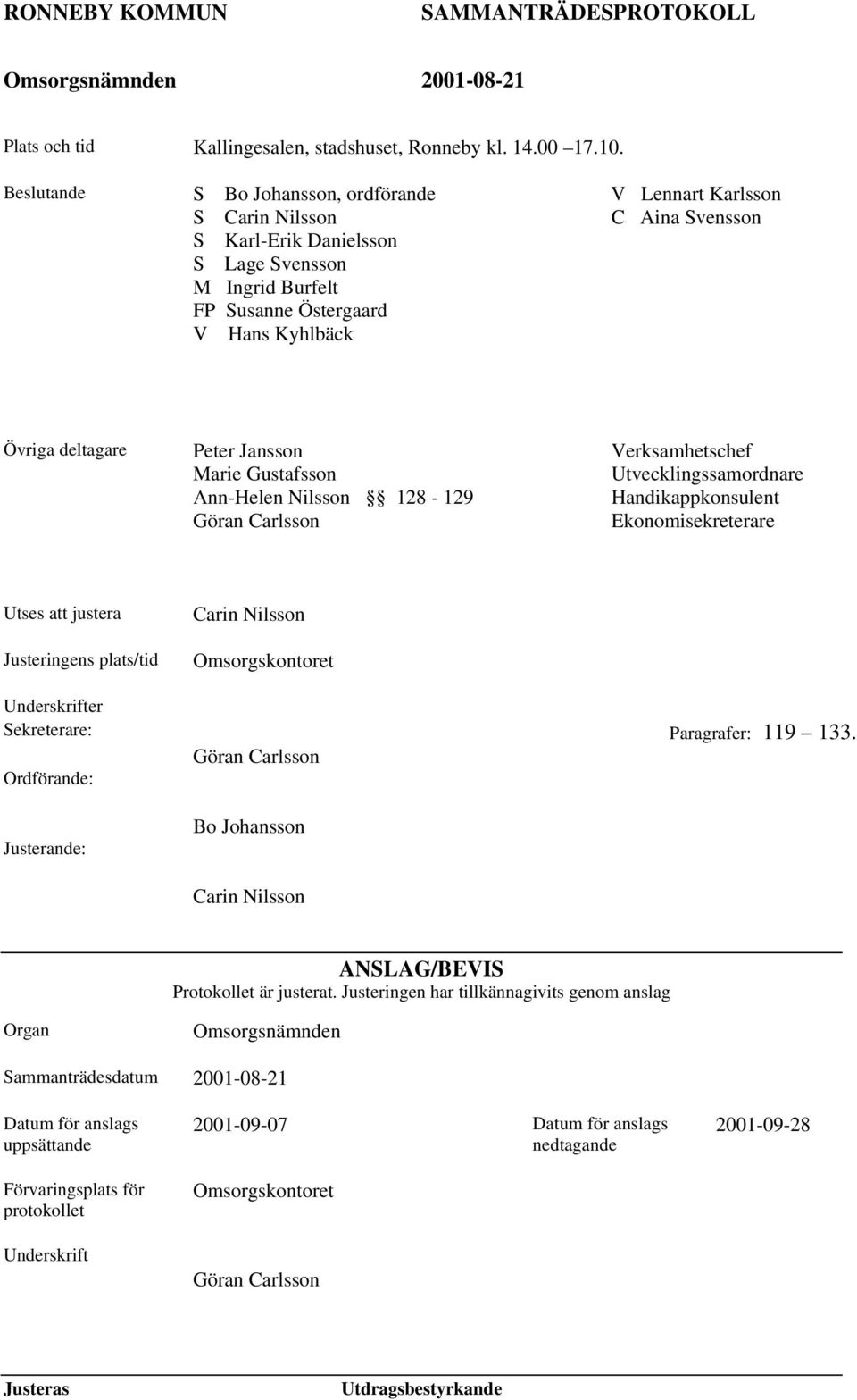 Peter Jansson Marie Gustafsson Ann-Helen Nilsson 128-129 Göran Carlsson Verksamhetschef Utvecklingssamordnare Handikappkonsulent Ekonomisekreterare Utses att justera Justeringens plats/tid Carin