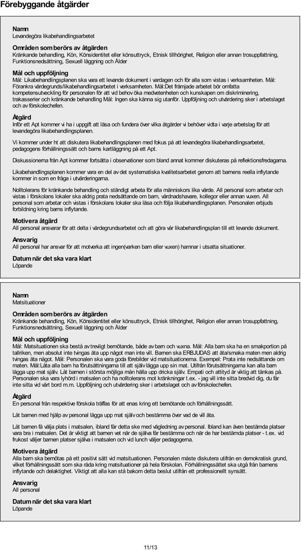 Mål:Det främjade arbetet bör omfatta kompetensutveckling för personalen för att vid behov öka medvetenheten och kunskapen om diskriminering, trakasserier och kränkande behandling Mål: Ingen ska känna